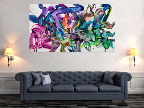 Abstraktes Original Gemälde 100x180cm Action Painting zeitgenössisch auf Leinwand Fluid Painting weiß bunt grün hochwertig