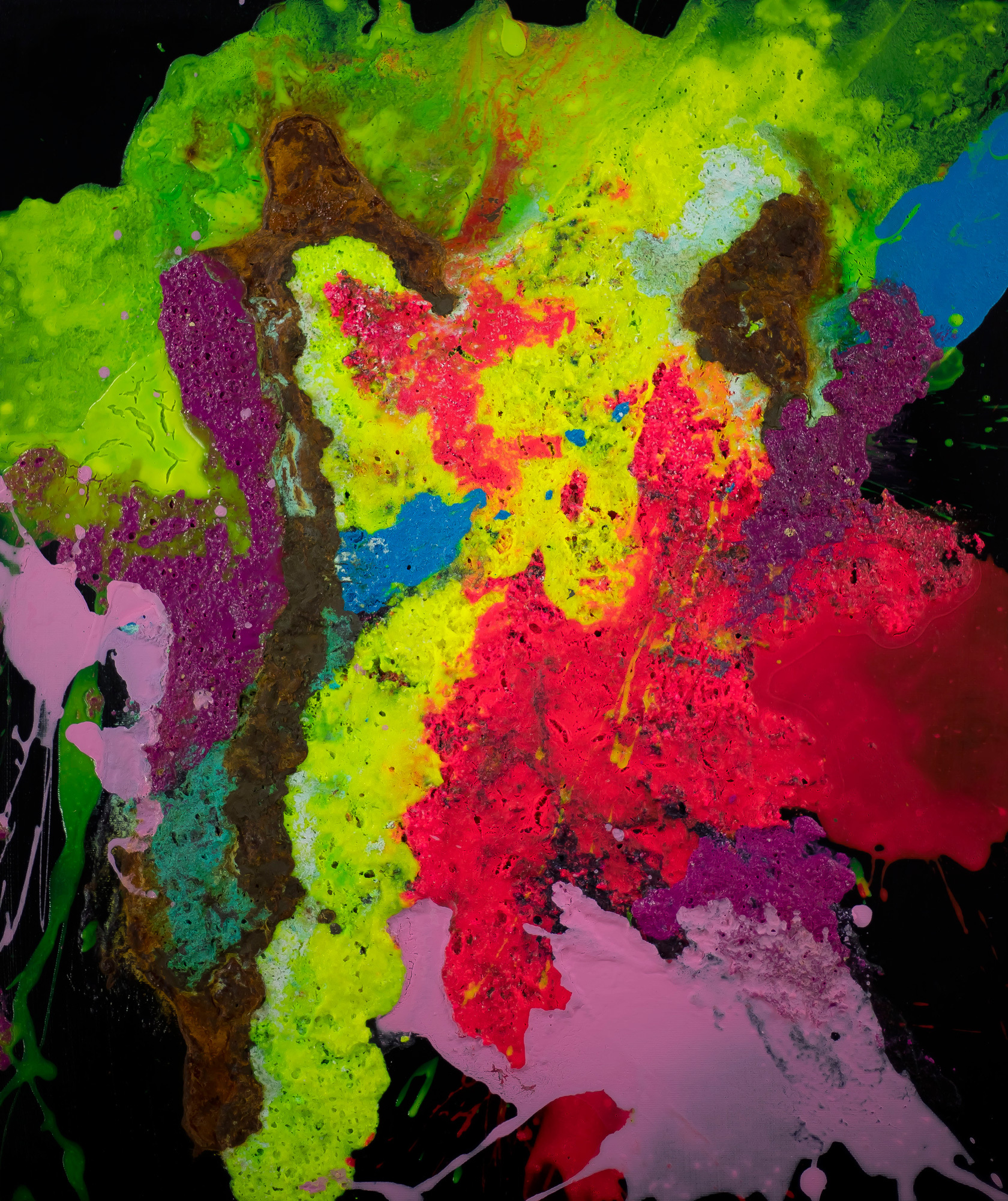 Abstraktes Original-Gemälde 60x50cm bunt Hochformat mit Neon Farben Gelb Grün Pink und Rost