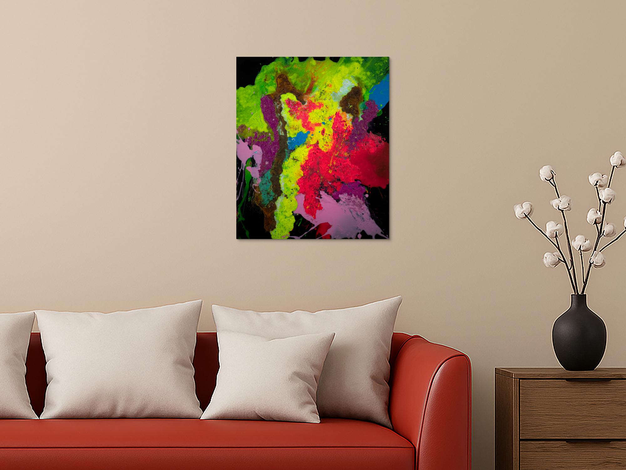 Abstraktes Original-Gemälde 60x50cm bunt Hochformat mit Neon Farben Gelb Grün Pink und Rost
