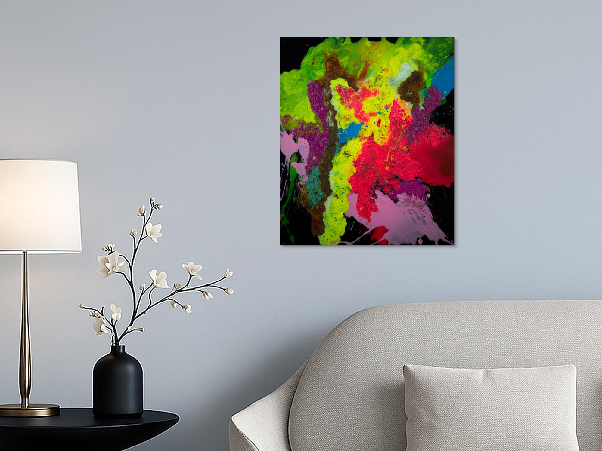 Abstraktes Original-Gemälde 60x50cm bunt Hochformat mit Neon Farben Gelb Grün Pink und Rost