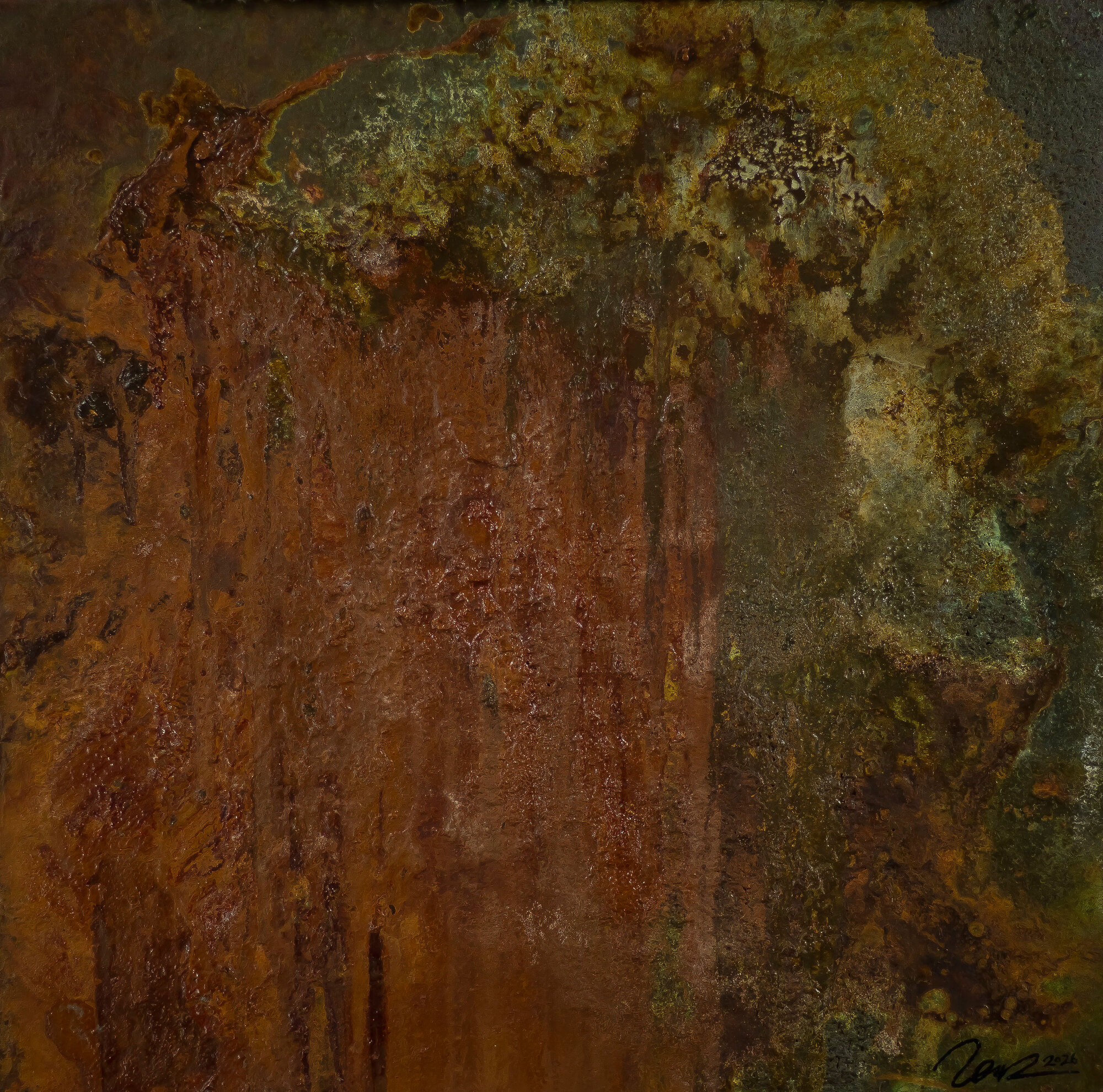 Abstraktes Gemälde aus Rost 60x60cm quadratisch außergewöhnlich in Orange Beige & Anthrazit handgemalt
