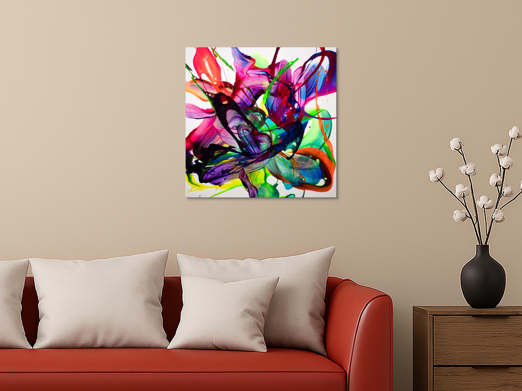 Buntes Gemälde auf Leinwand dynamisches Action Painting 60x60cm quadratisch sehr bunt Neon Pink Violett Grün