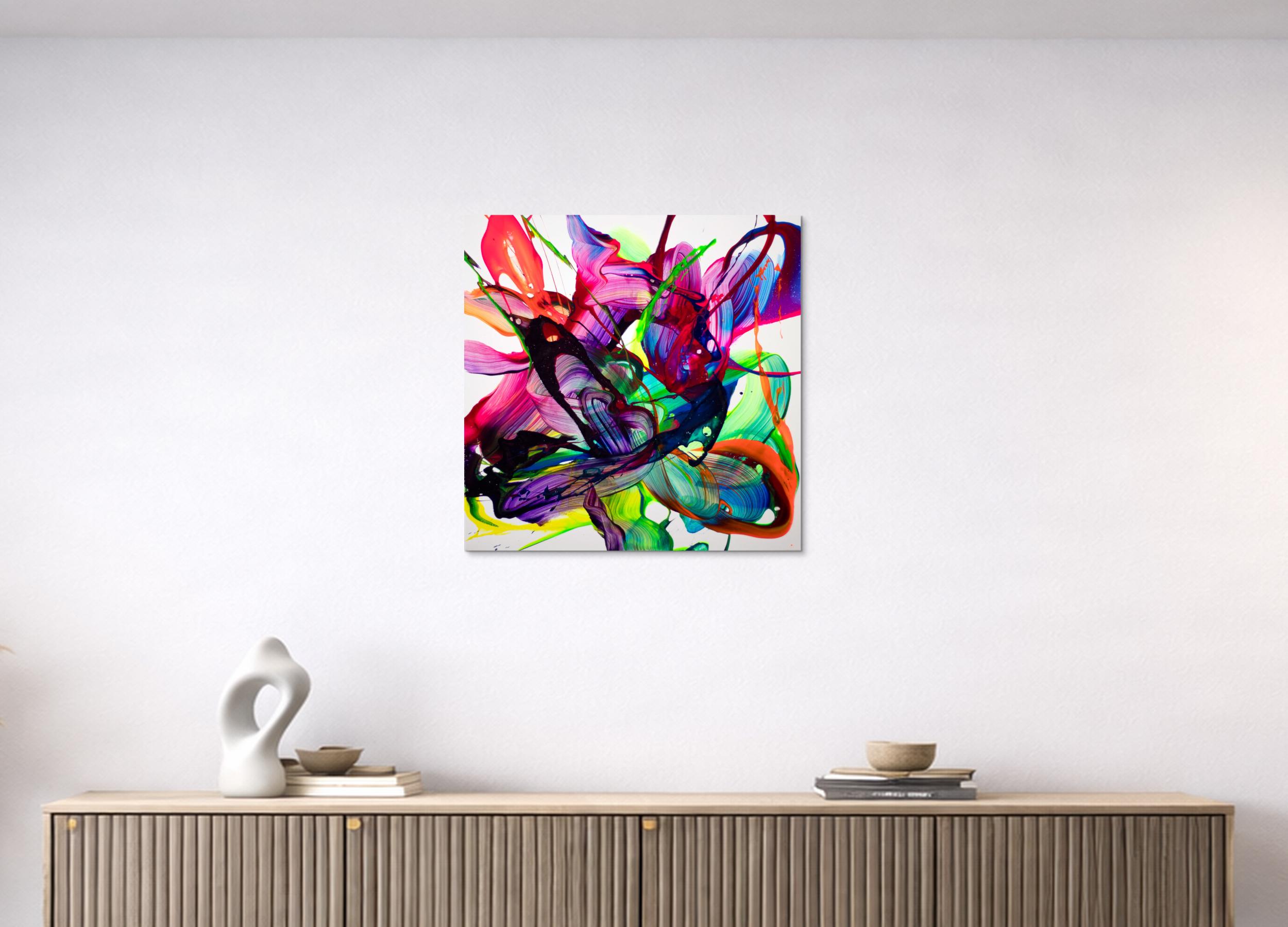 Buntes Gemälde auf Leinwand dynamisches Action Painting 60x60cm quadratisch sehr bunt Neon Pink Violett Grün