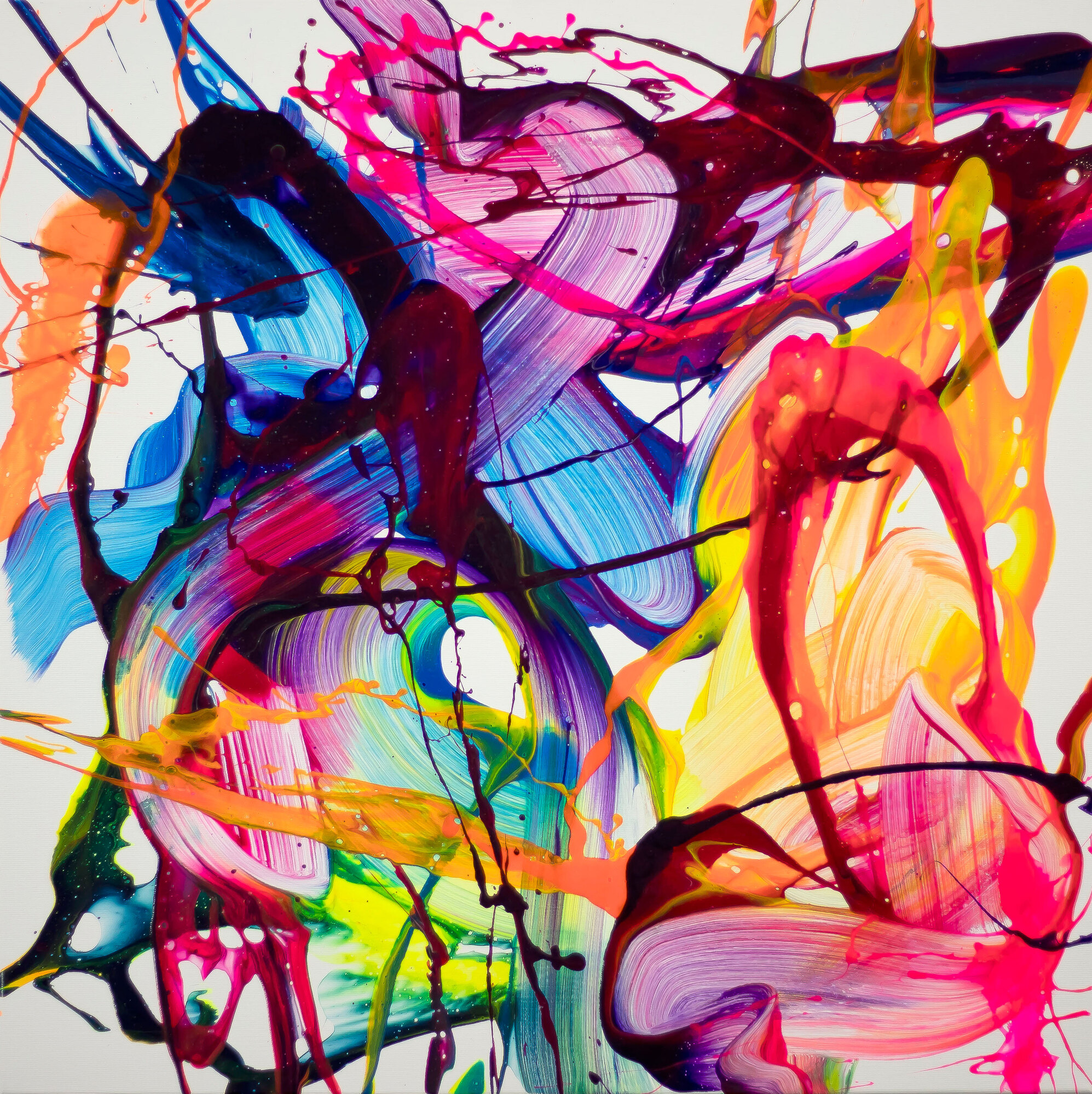 Bunte abstrakte Malerei 60x60cm Neon Farben quadratisch auf Leinwand dynamisches Bild handgemalt