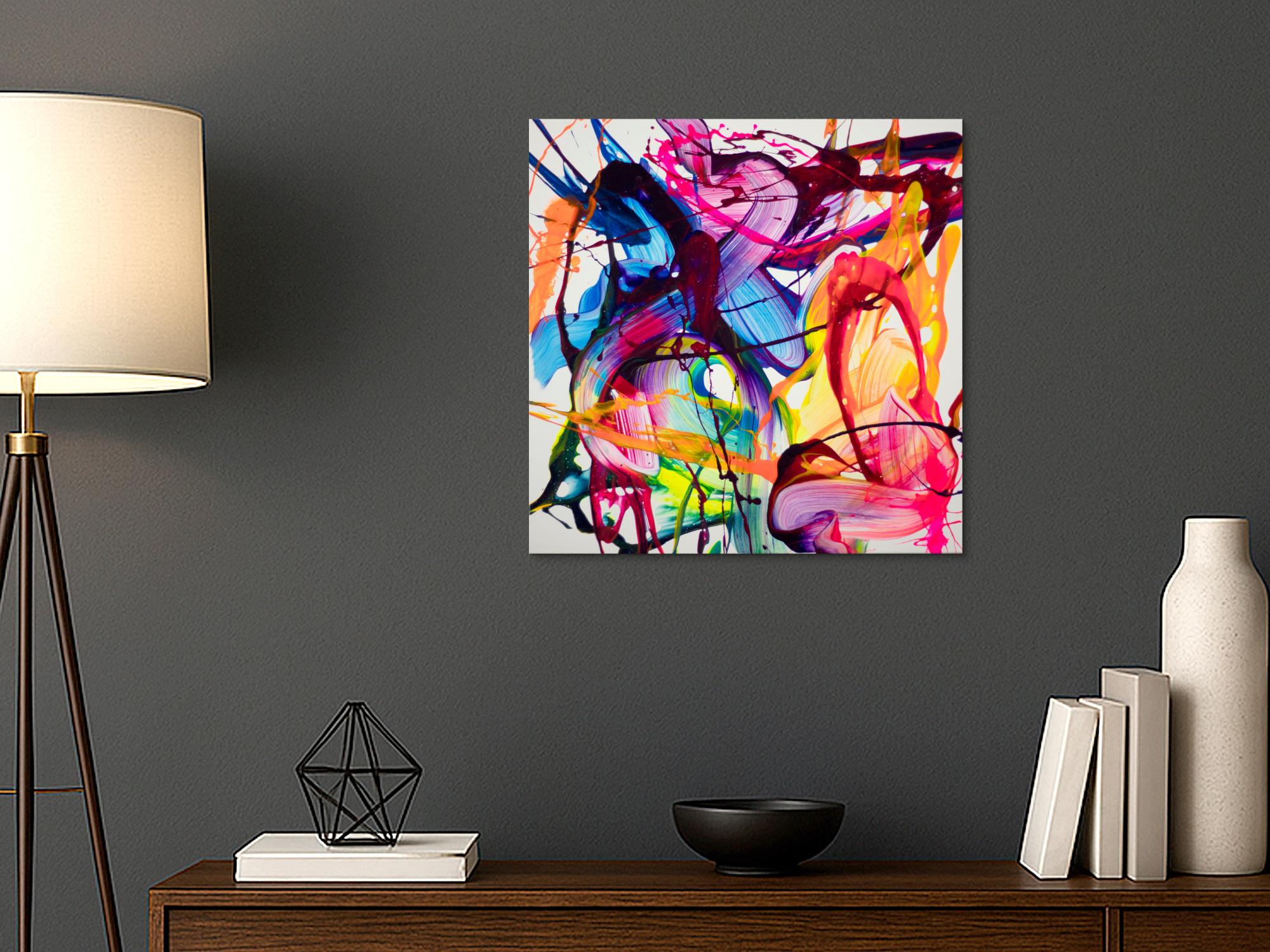 Bunte abstrakte Malerei 60x60cm Neon Farben quadratisch auf Leinwand dynamisches Bild handgemalt