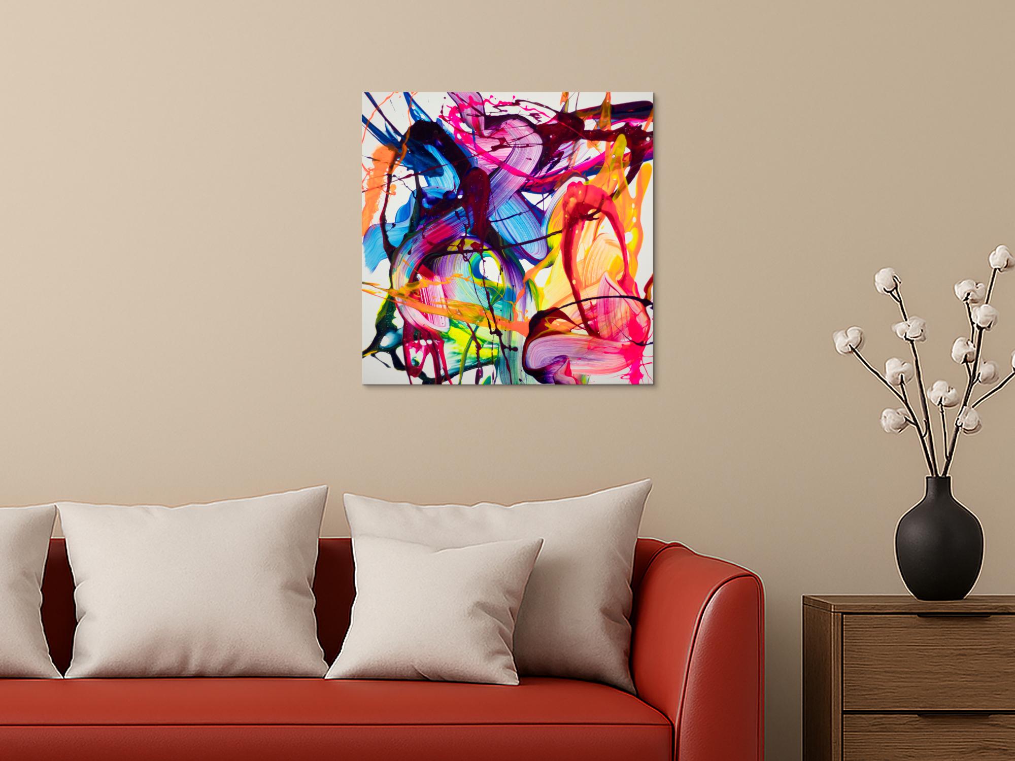Bunte abstrakte Malerei 60x60cm Neon Farben quadratisch auf Leinwand dynamisches Bild handgemalt