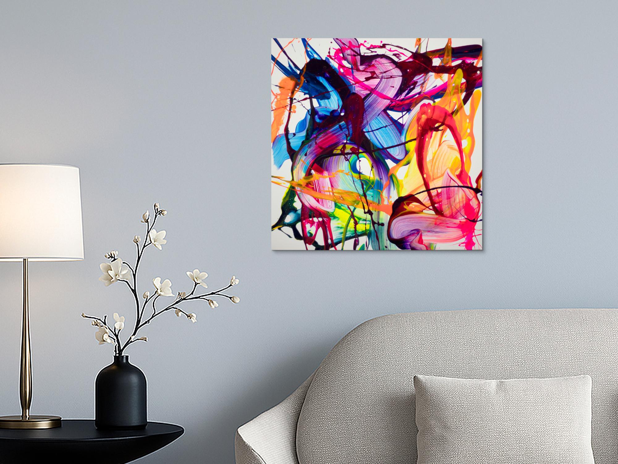 Bunte abstrakte Malerei 60x60cm Neon Farben quadratisch auf Leinwand dynamisches Bild handgemalt