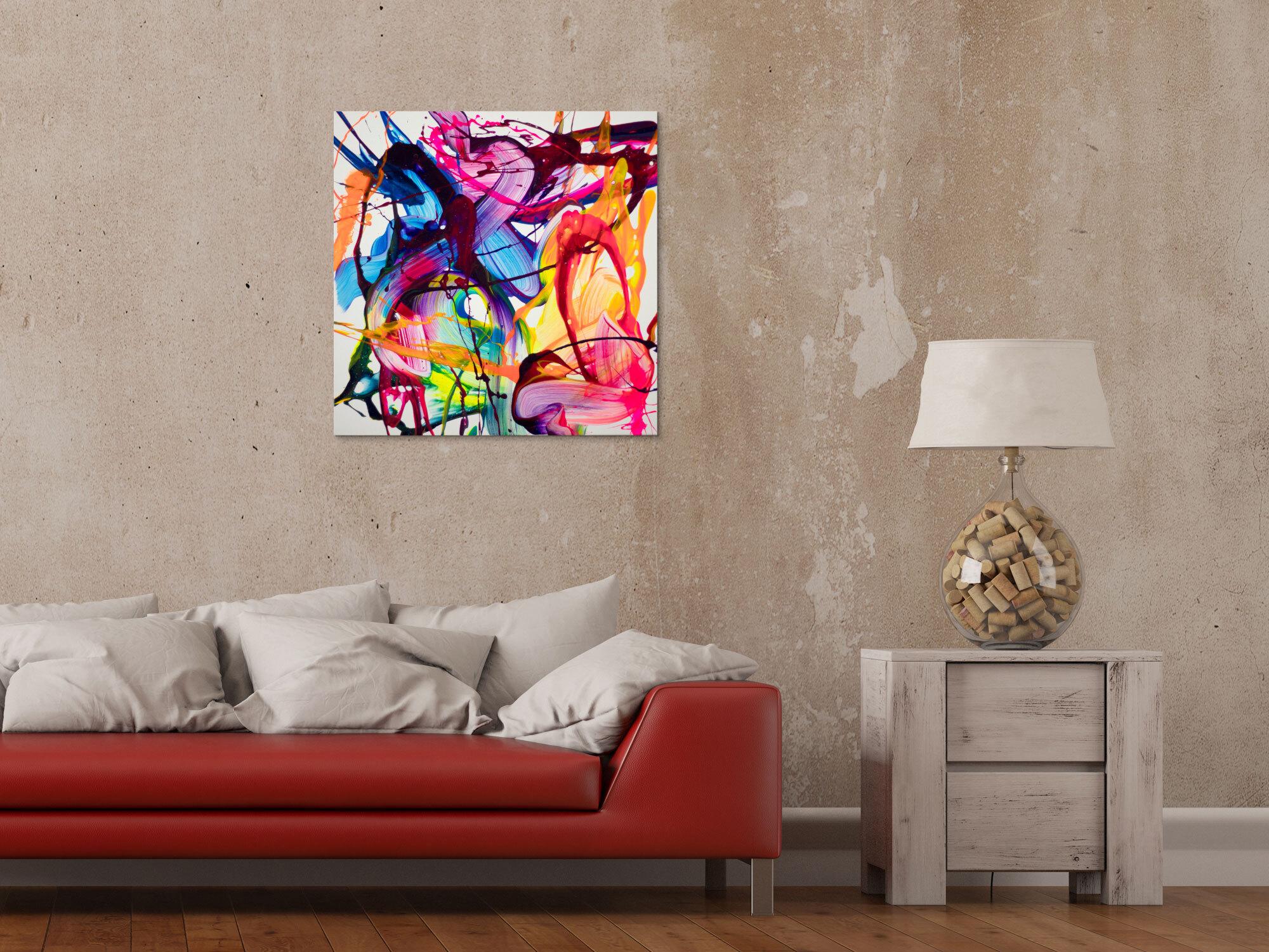Bunte abstrakte Malerei 60x60cm Neon Farben quadratisch auf Leinwand dynamisches Bild handgemalt