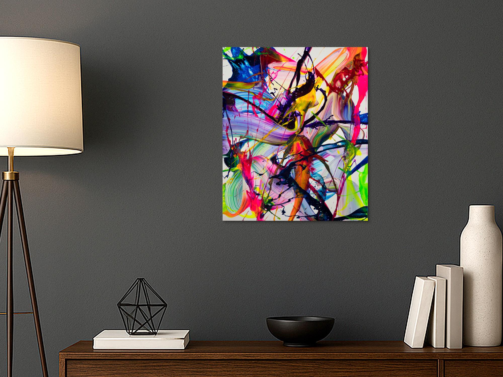 Dynamisches Neon-Gemälde 60x50cm Hochformat – Abstrakte Originalmalerei mit fluoreszierenden Farben