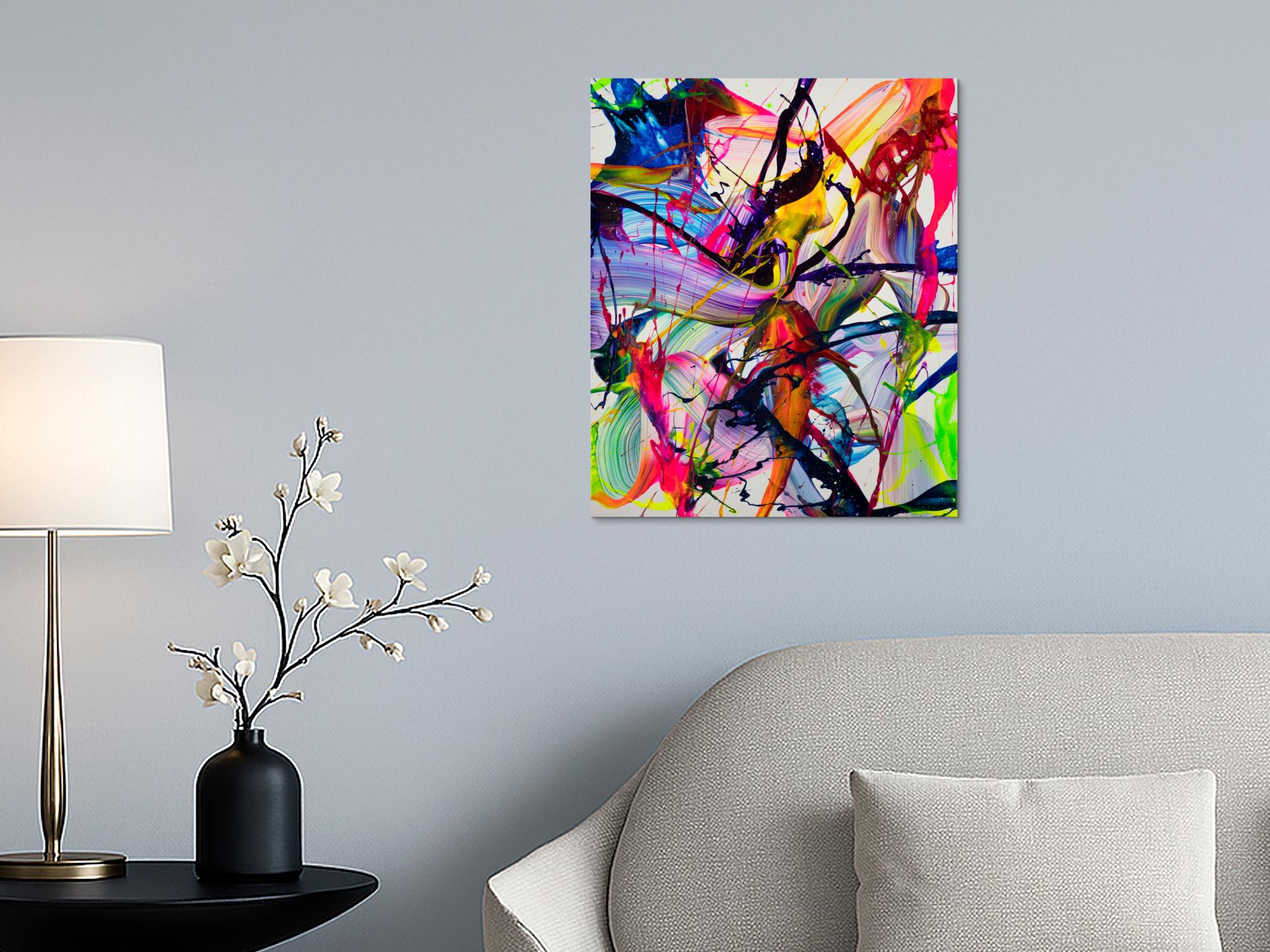 Dynamisches Neon-Gemälde 60x50cm Hochformat – Abstrakte Originalmalerei mit fluoreszierenden Farben