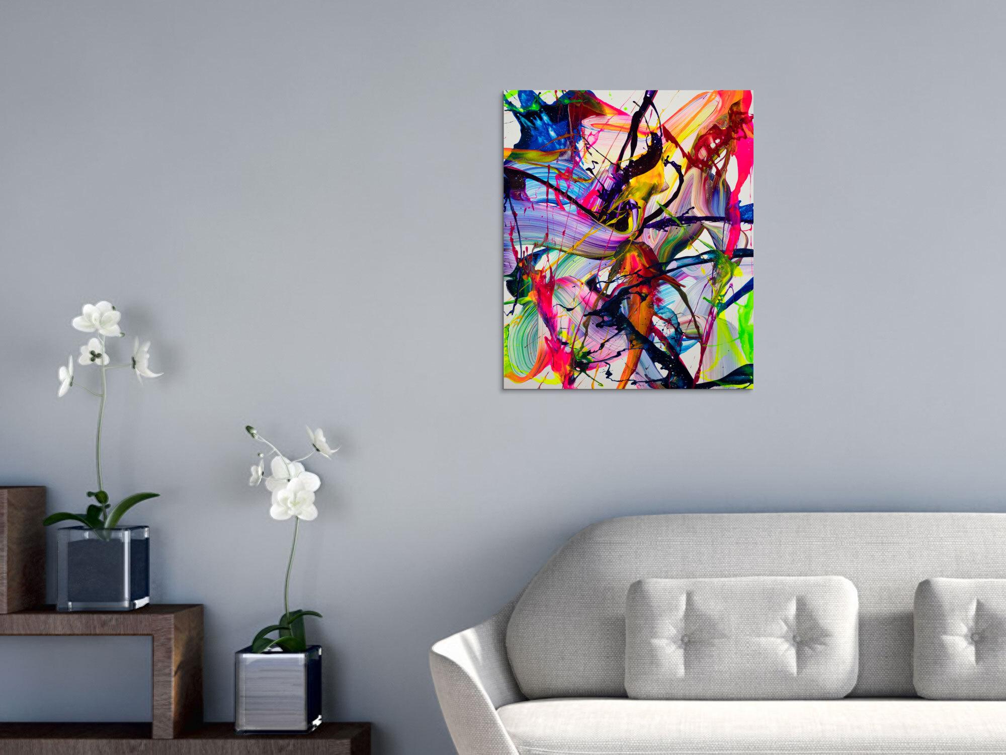 Dynamisches Neon-Gemälde 60x50cm Hochformat – Abstrakte Originalmalerei mit fluoreszierenden Farben