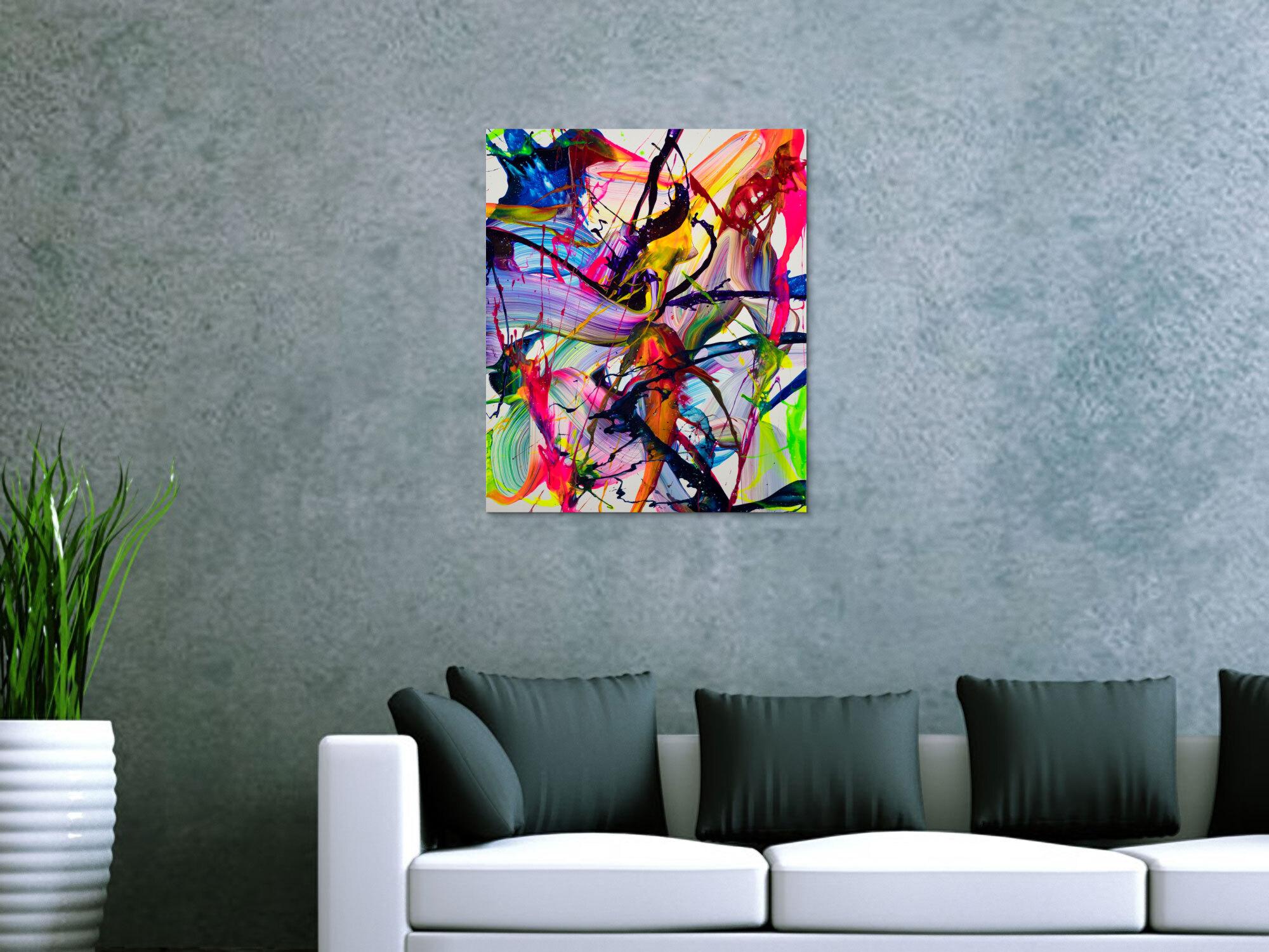 Dynamisches Neon-Gemälde 60x50cm Hochformat – Abstrakte Originalmalerei mit fluoreszierenden Farben