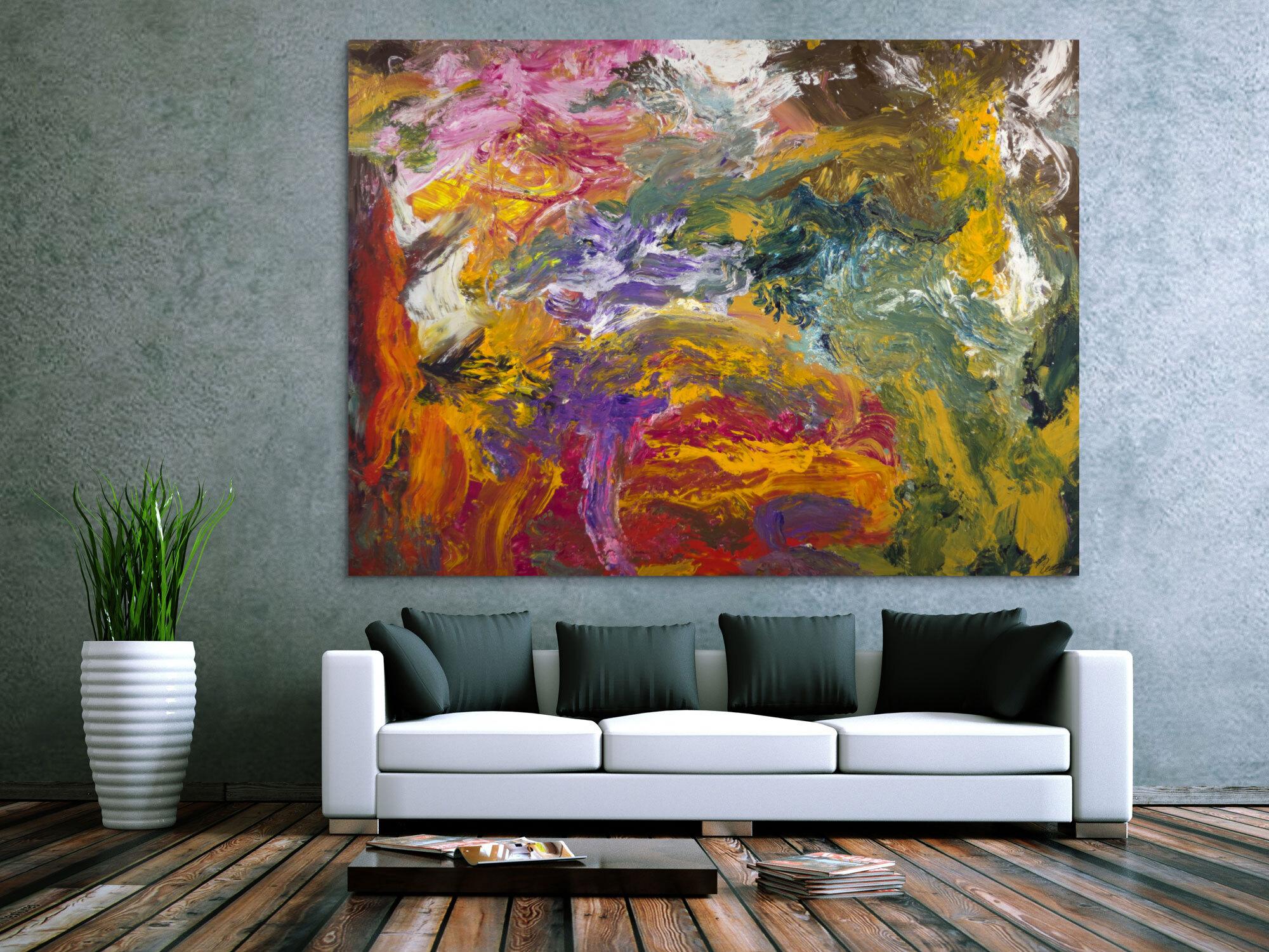 Abstraktes Original-Gemälde 150x200cm Querformat Gold Orange Rosa mit strukturiertem Farbauftrag
