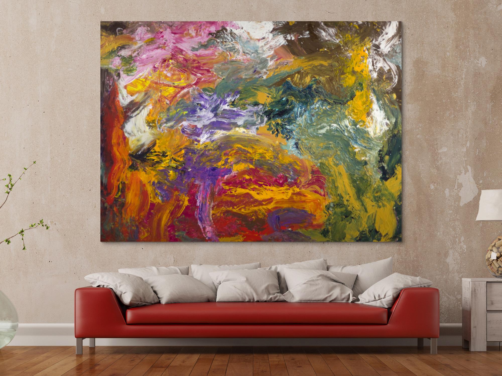 Abstraktes Original-Gemälde 150x200cm Querformat Gold Orange Rosa mit strukturiertem Farbauftrag