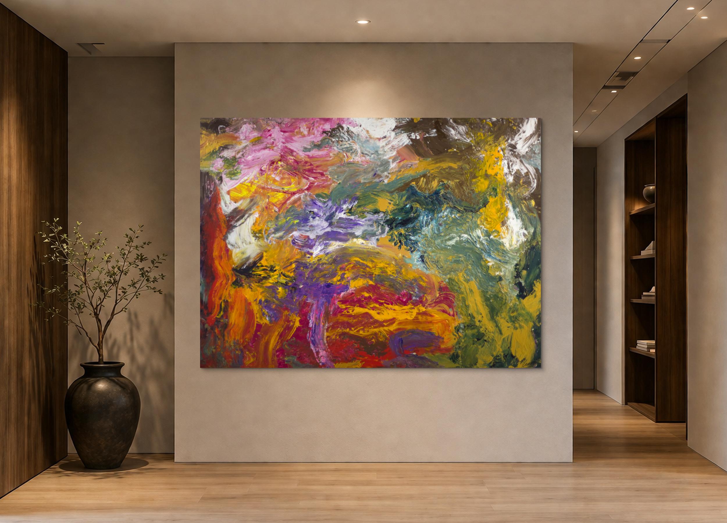 Abstraktes Original-Gemälde 150x200cm Querformat Gold Orange Rosa mit strukturiertem Farbauftrag