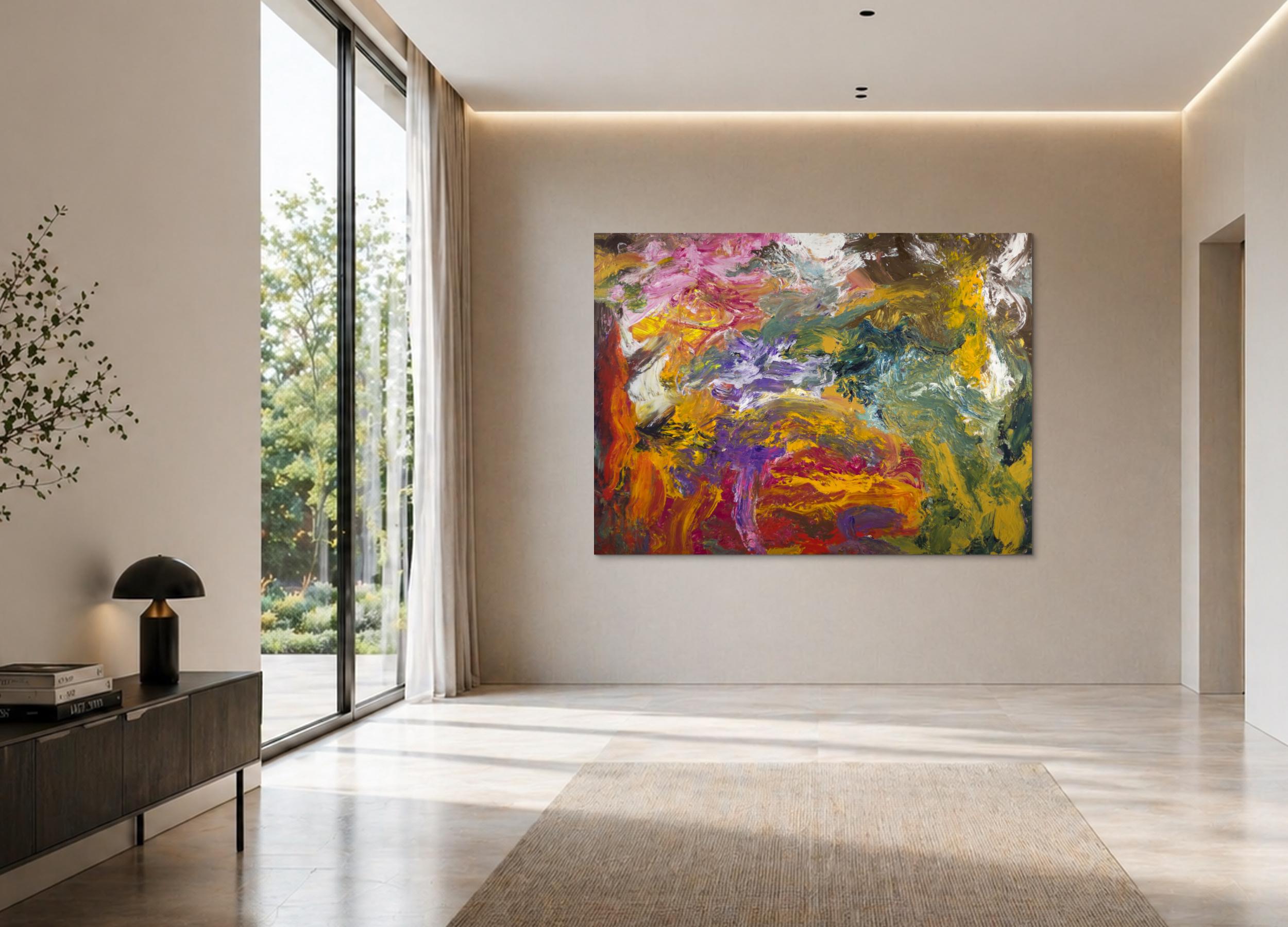 Abstraktes Original-Gemälde 150x200cm Querformat Gold Orange Rosa mit strukturiertem Farbauftrag