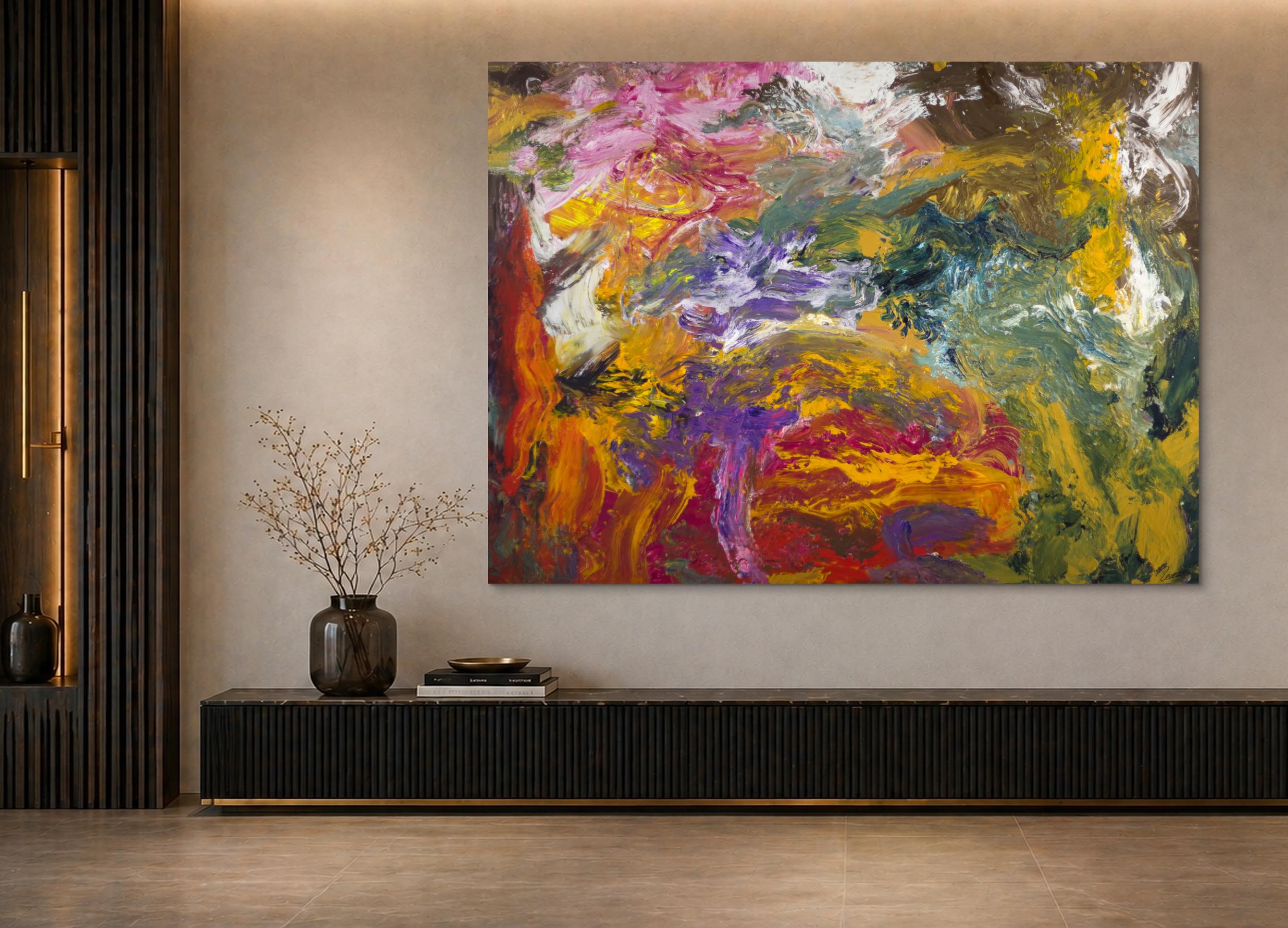 Abstraktes Original-Gemälde 150x200cm Querformat Gold Orange Rosa mit strukturiertem Farbauftrag
