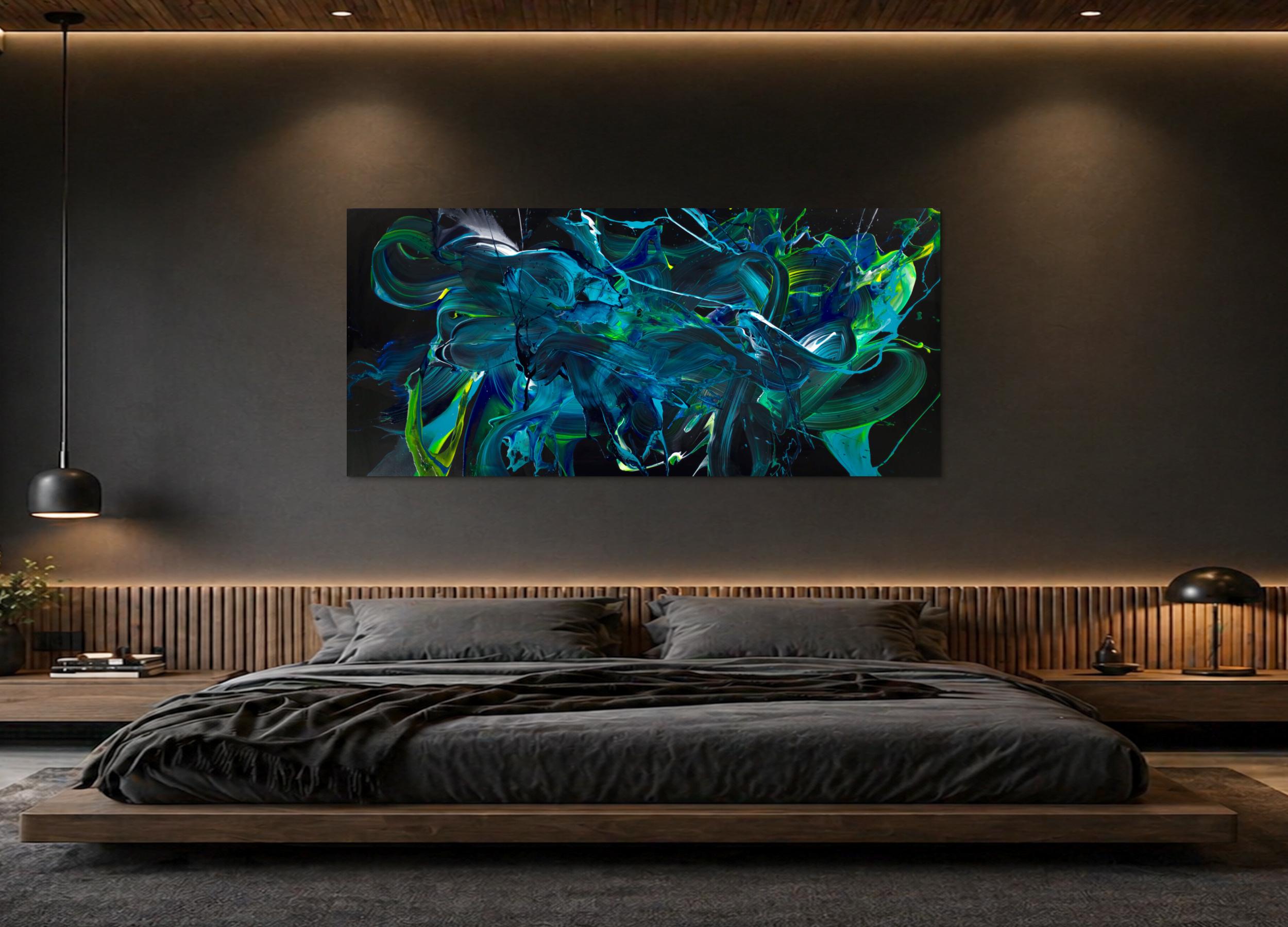 Dynamisches Abstraktes Gemälde 90x200cm Panorama – Handgemalte Leinwand mit Türkis Blau und Schwarztönen