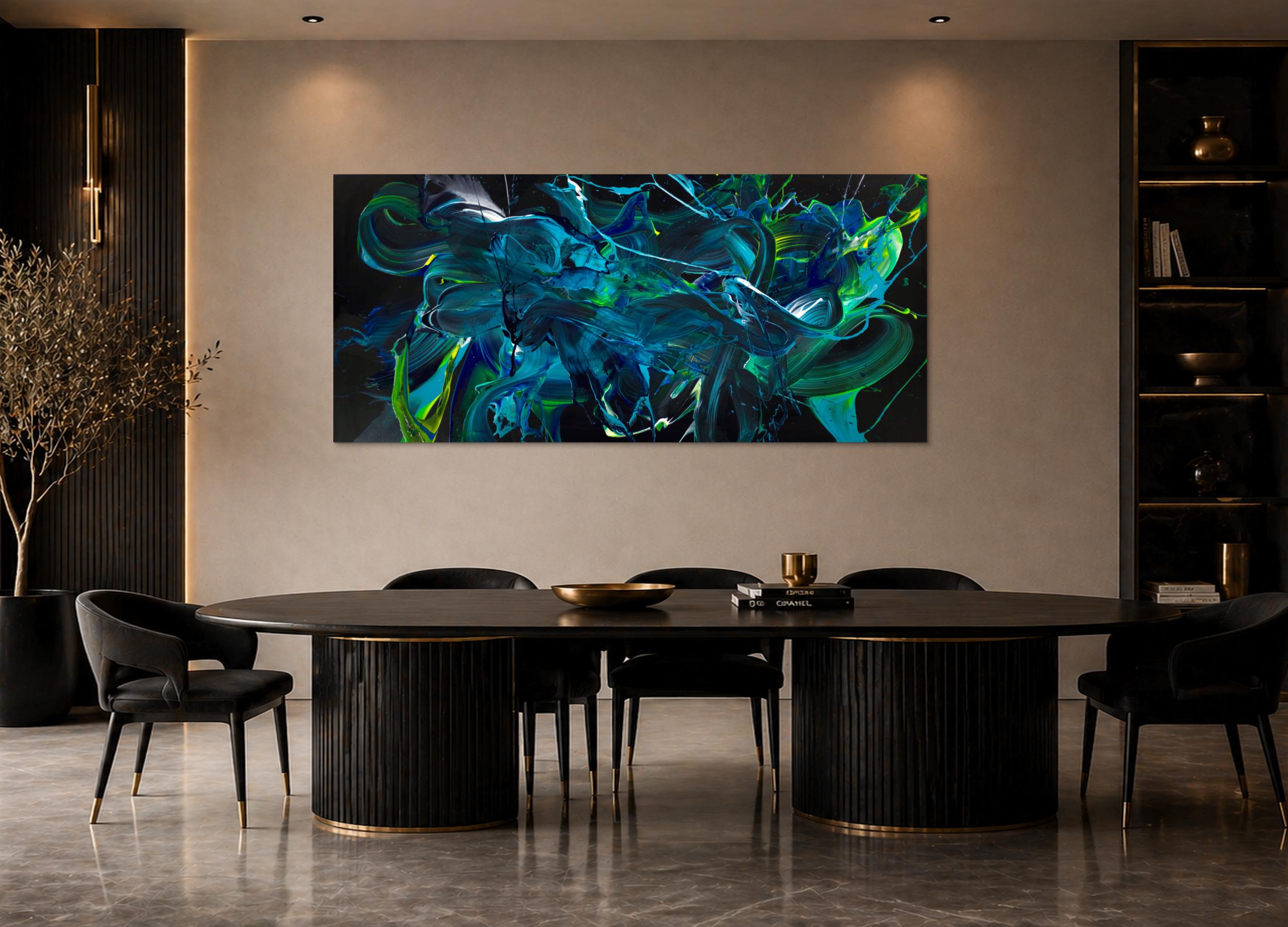 Dynamisches Abstraktes Gemälde 90x200cm Panorama – Handgemalte Leinwand mit Türkis Blau und Schwarztönen