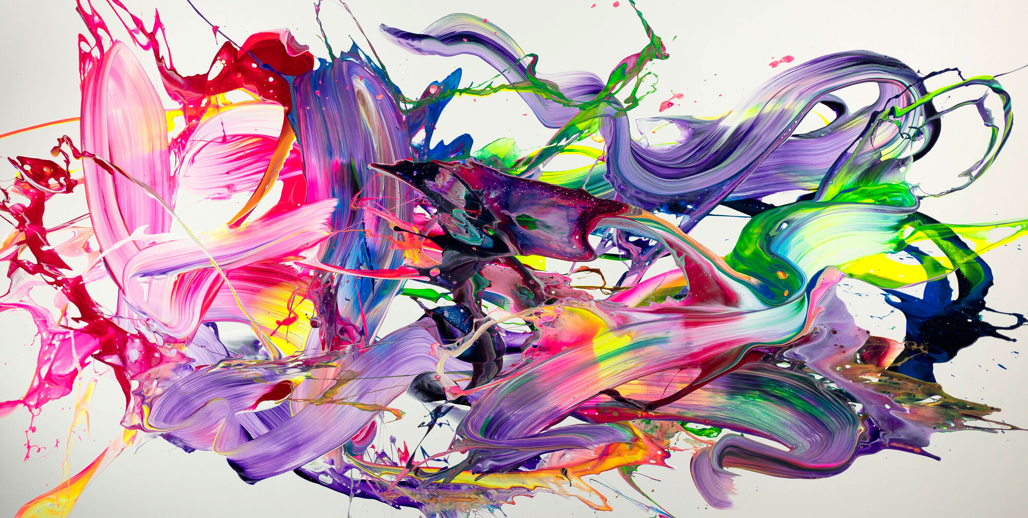 Abstraktes Original-Gemälde 100x200cm Panoramaformat bunt mit Neon Pink Violett & 3D Effekt