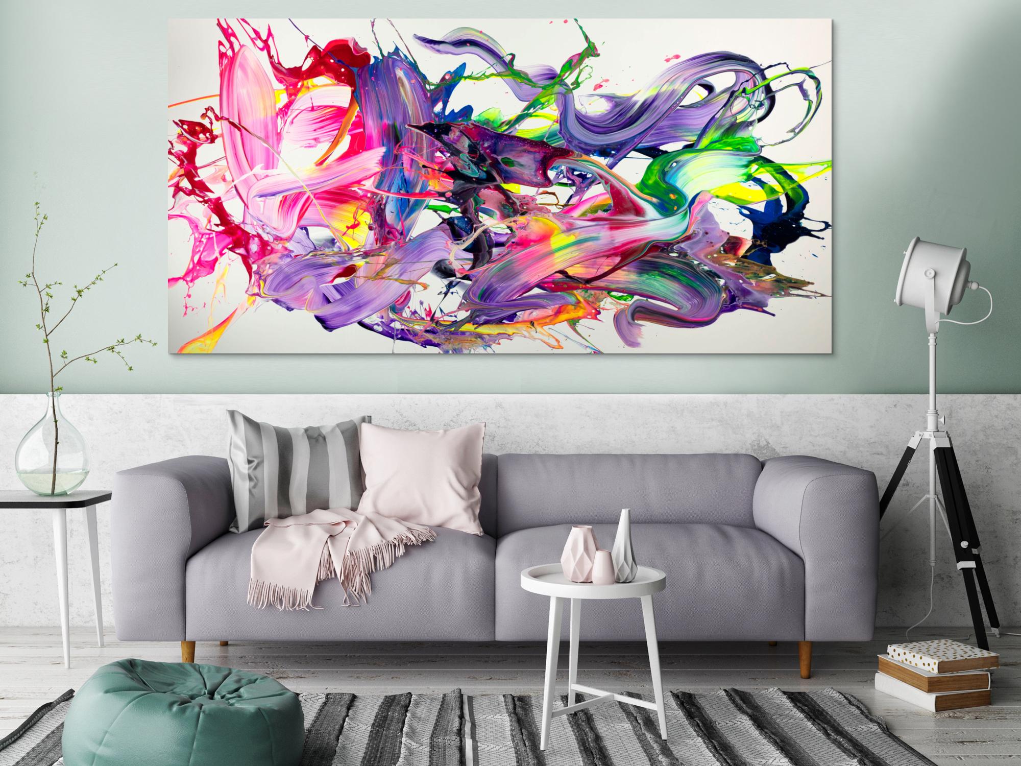 Abstraktes Original-Gemälde 100x200cm Panoramaformat bunt mit Neon Pink Violett & 3D Effekt