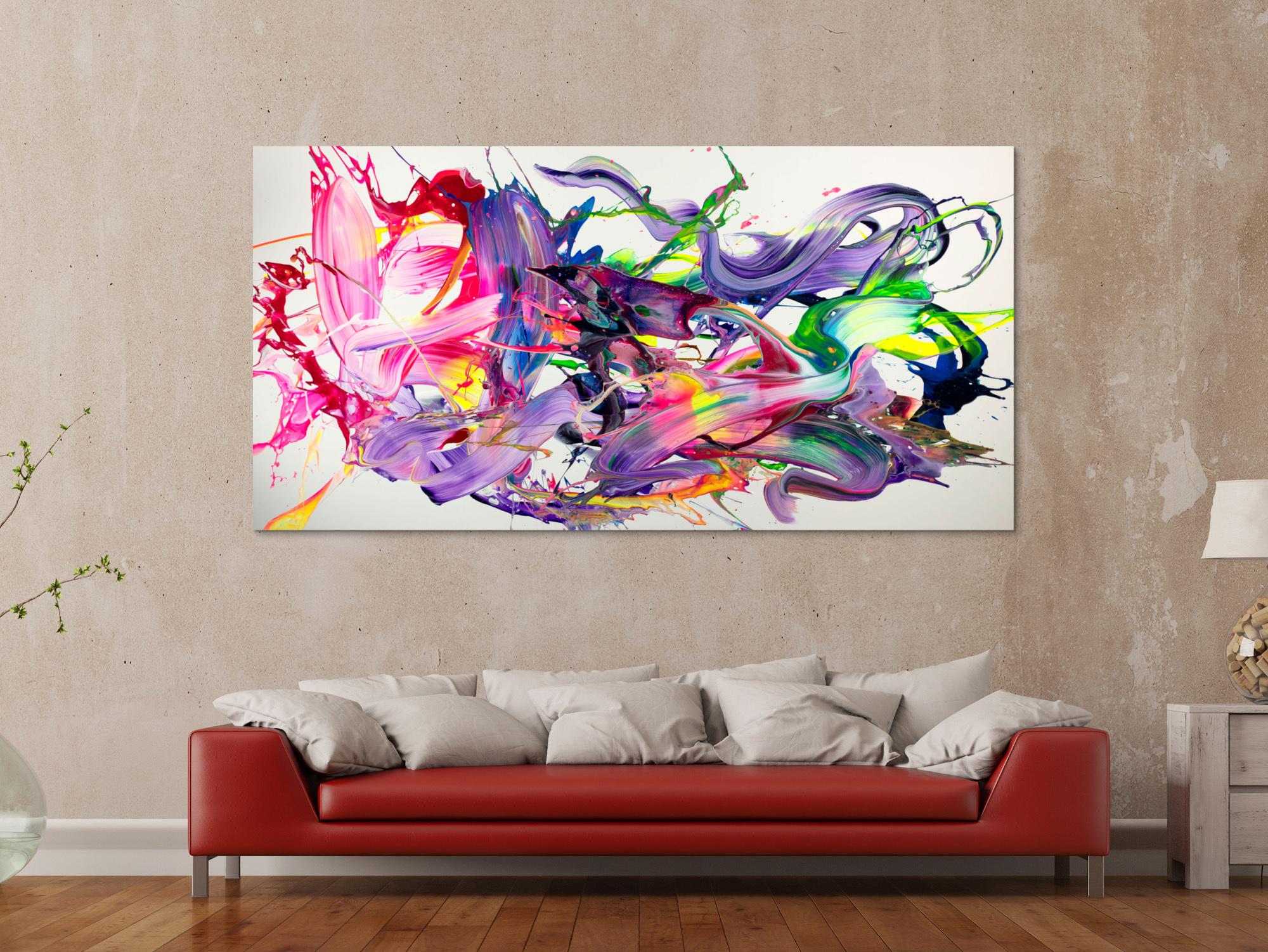 Abstraktes Original-Gemälde 100x200cm Panoramaformat bunt mit Neon Pink Violett & 3D Effekt