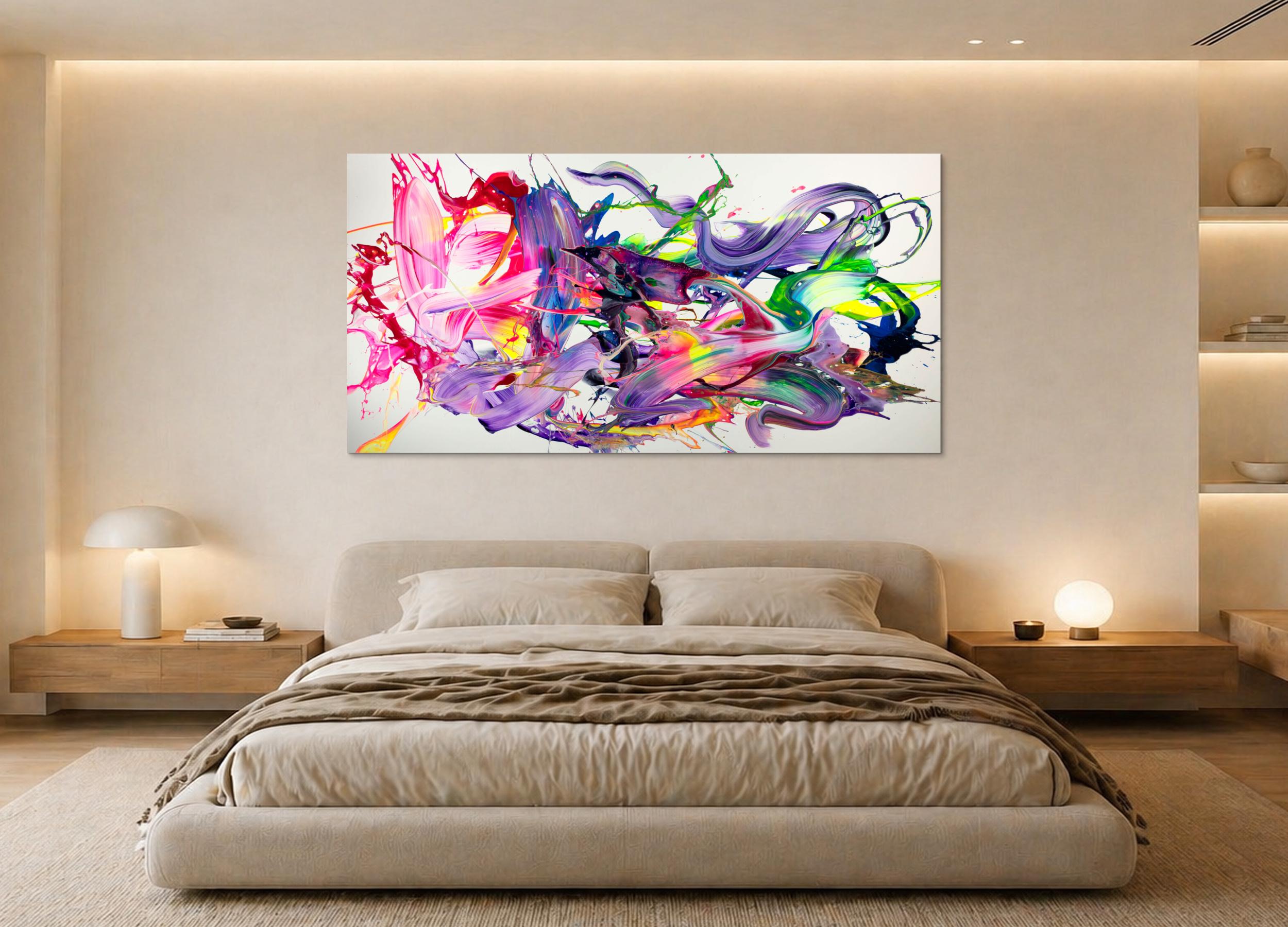 Abstraktes Original-Gemälde 100x200cm Panoramaformat bunt mit Neon Pink Violett & 3D Effekt