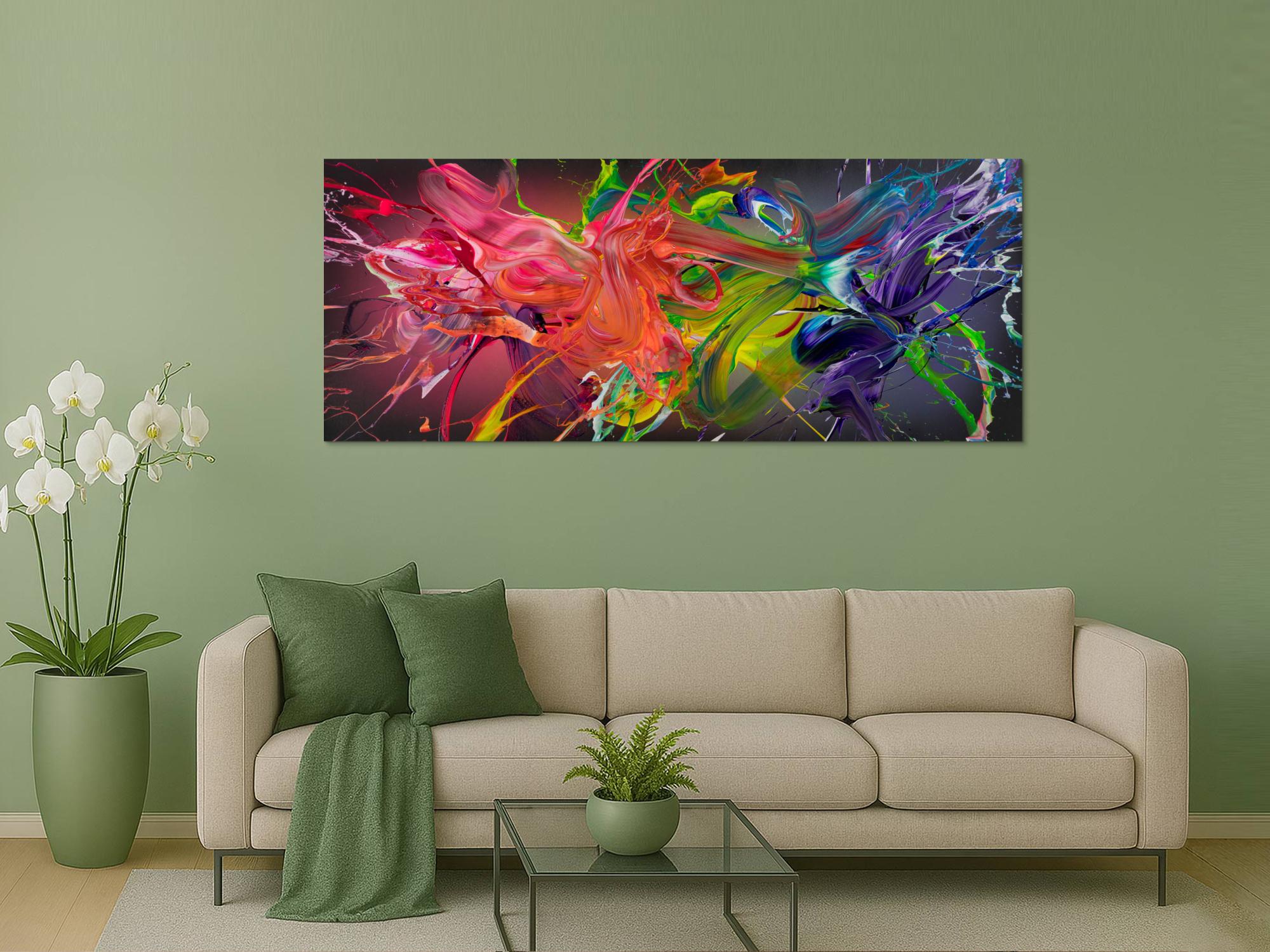Abstrakte Acrylmalerei Action Painting 80x200cm Panoramaformat auf Leinwand Rosa Pink mit 3D Effekt