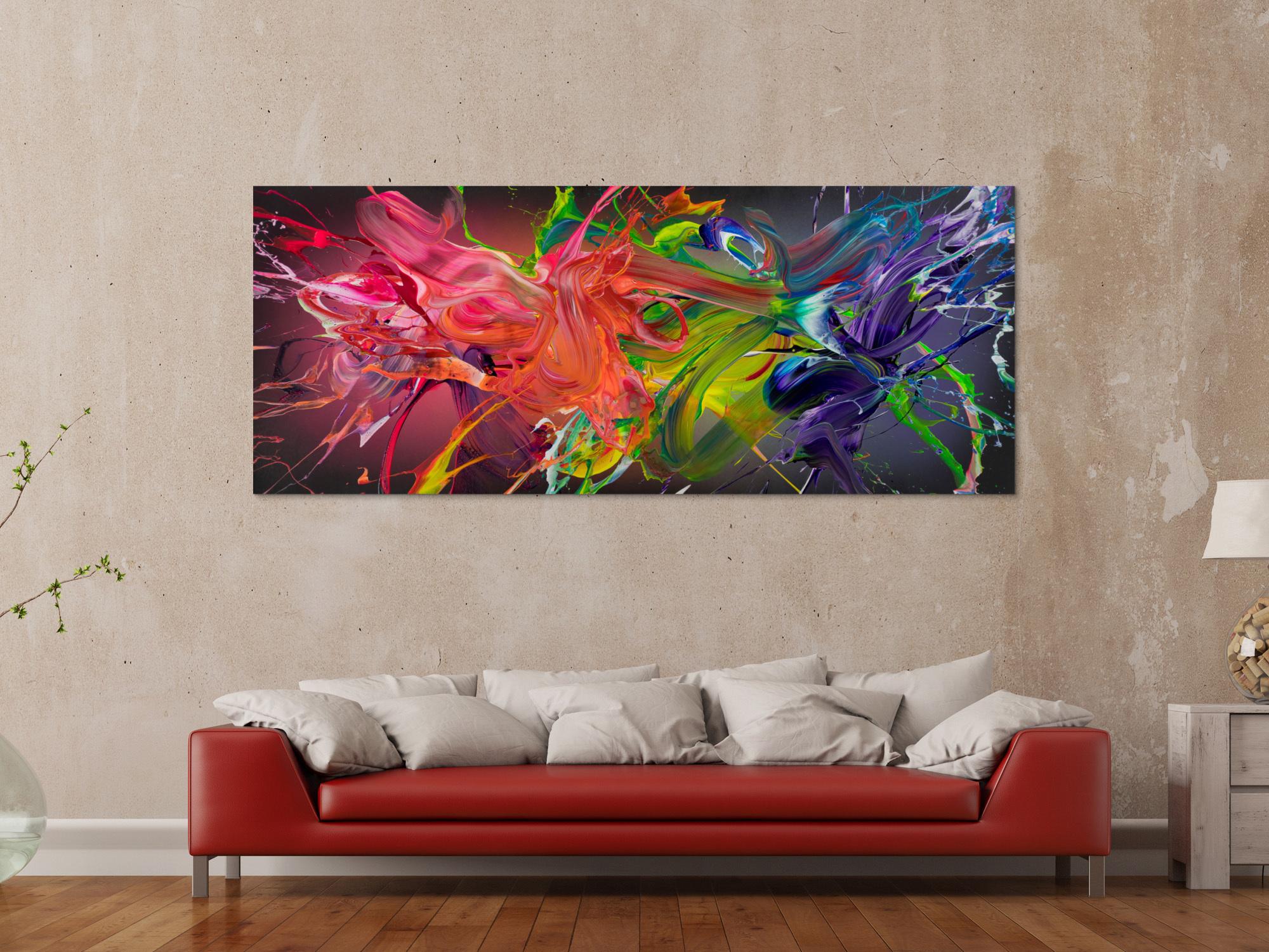 Abstrakte Acrylmalerei Action Painting 80x200cm Panoramaformat auf Leinwand Rosa Pink mit 3D Effekt