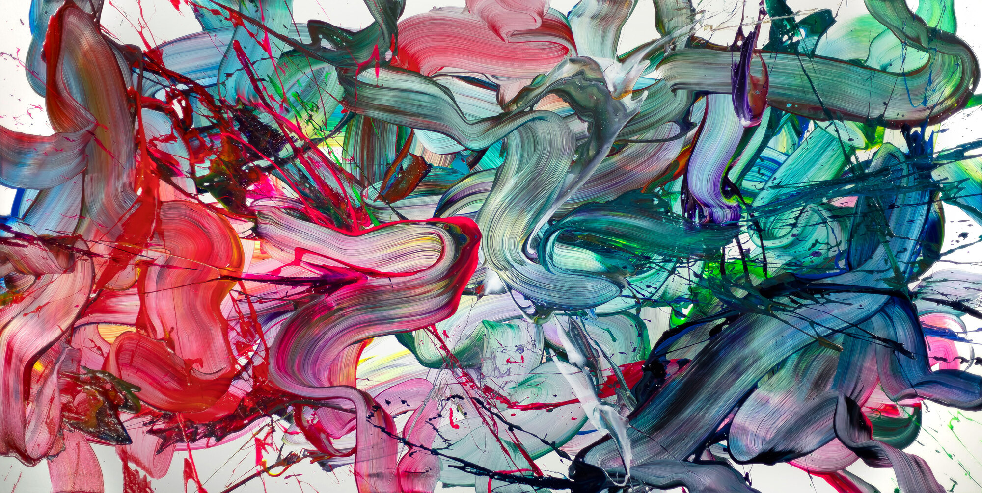 Abstraktes Original-Gemälde 100x200cm Panoramaformat Türkis Rosa Grün Leinwand