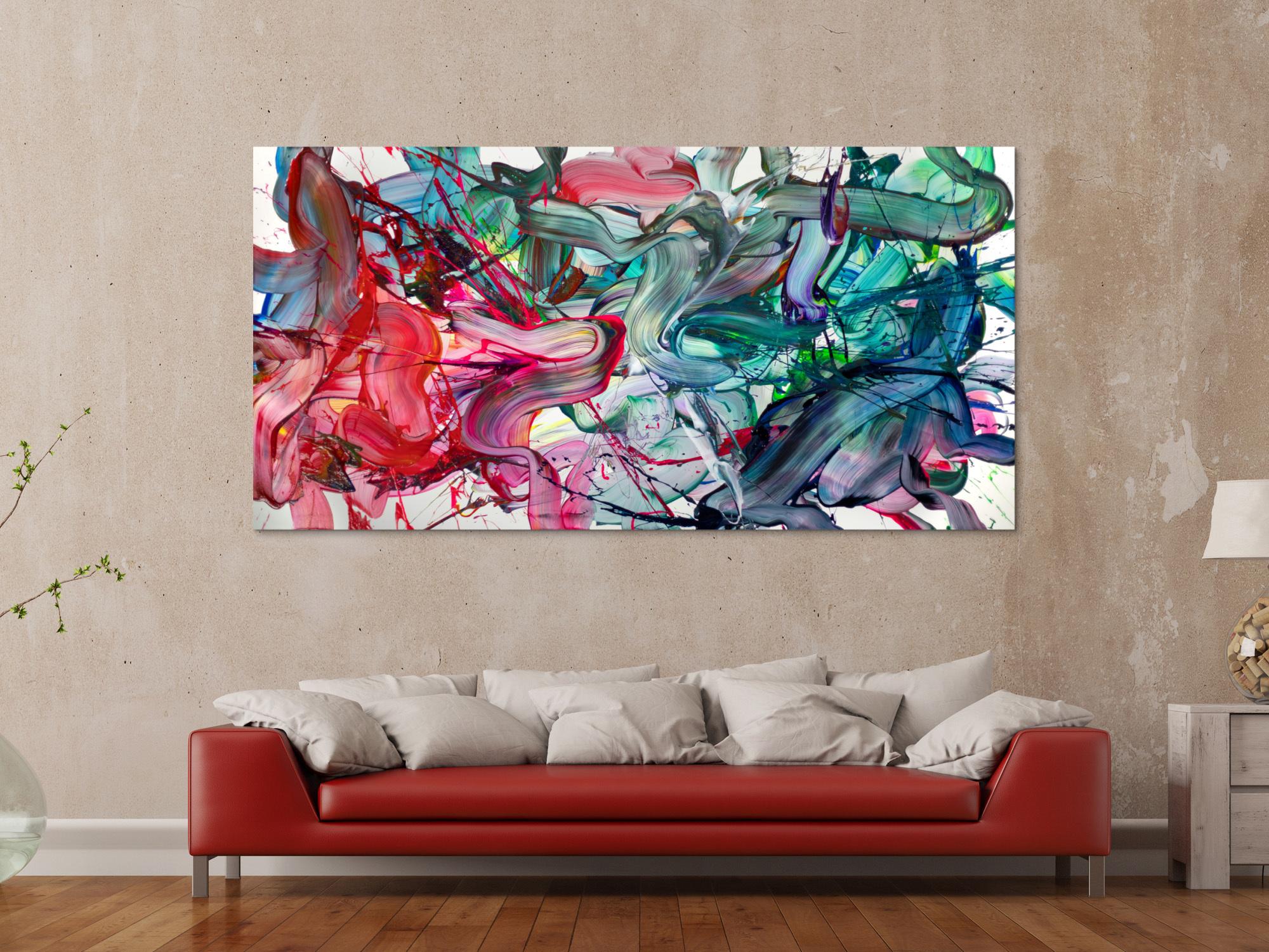 Abstraktes Original-Gemälde 100x200cm Panoramaformat Türkis Rosa Grün Leinwand