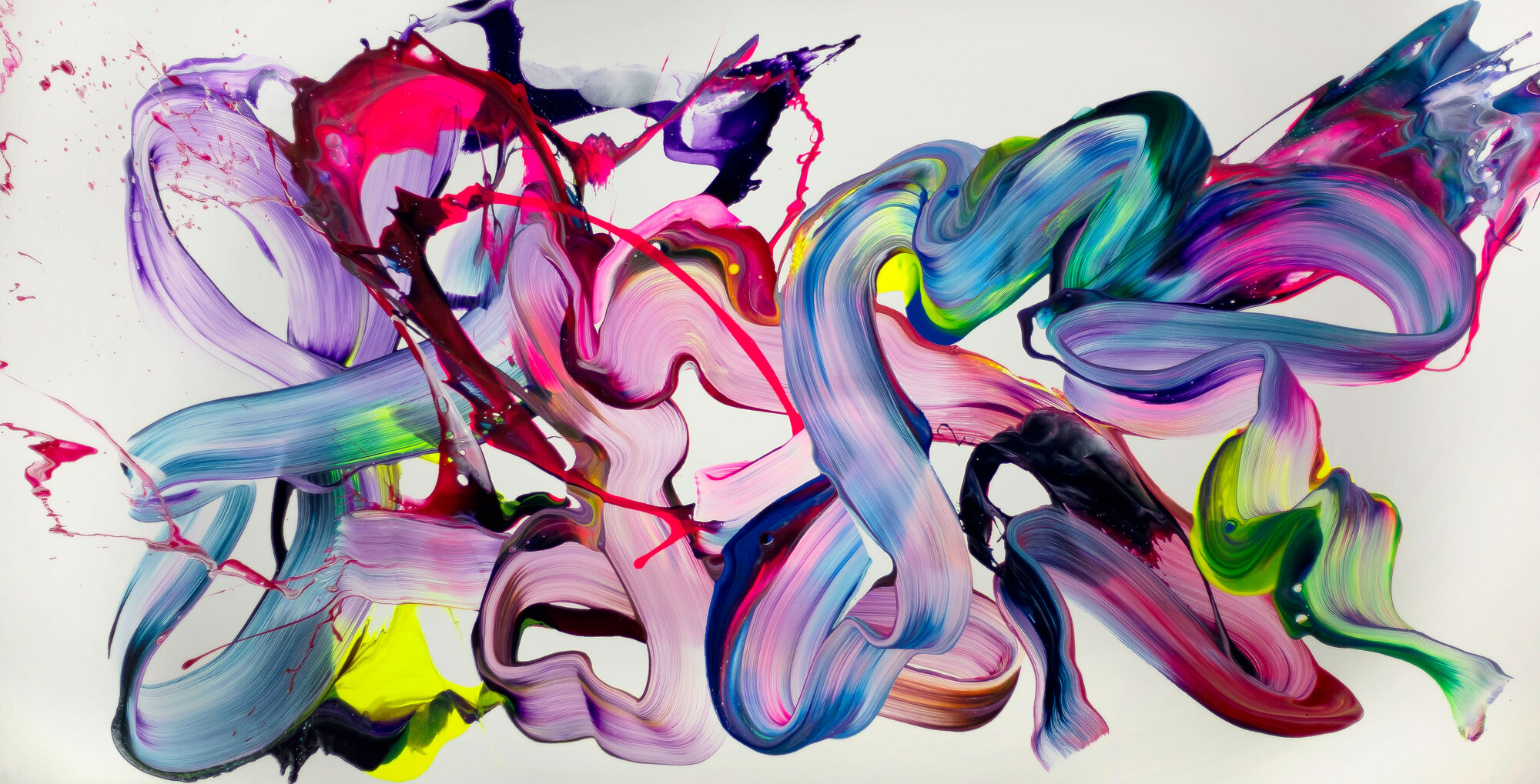 Abstraktes Original mit Pinselstrichen 100x200cm Neon-Dynamik Panoramaformat Bunt in Violett Türkis und Pink Rosa