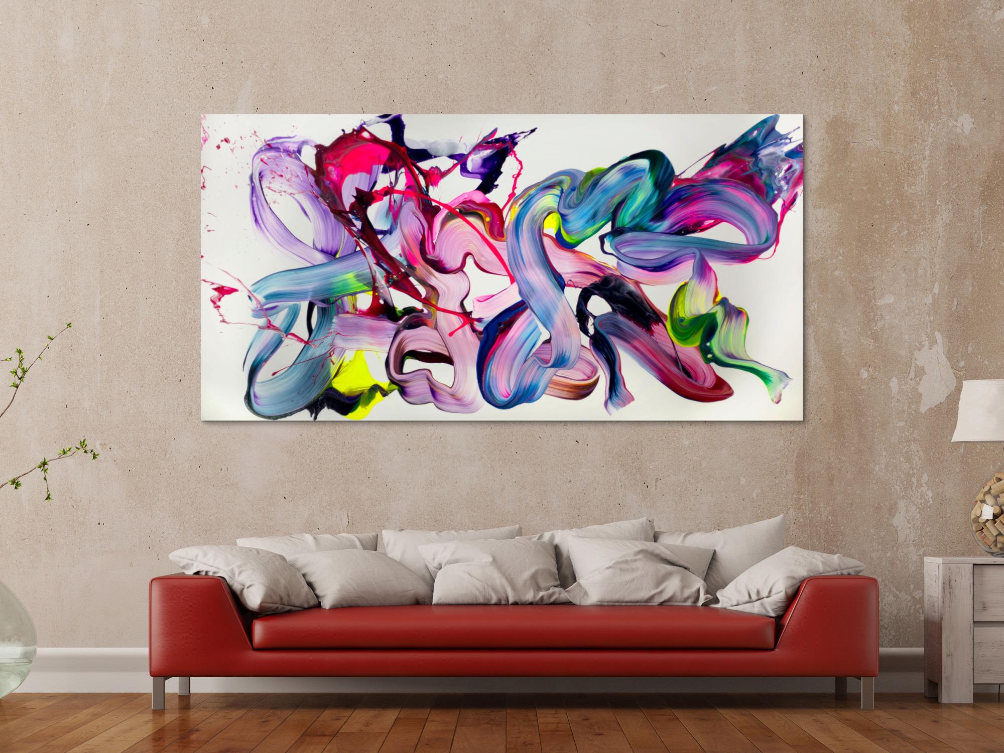 Abstraktes Original mit Pinselstrichen 100x200cm Neon-Dynamik  Panoramaformat Bunt in Violett Türkis und Pink Rosa