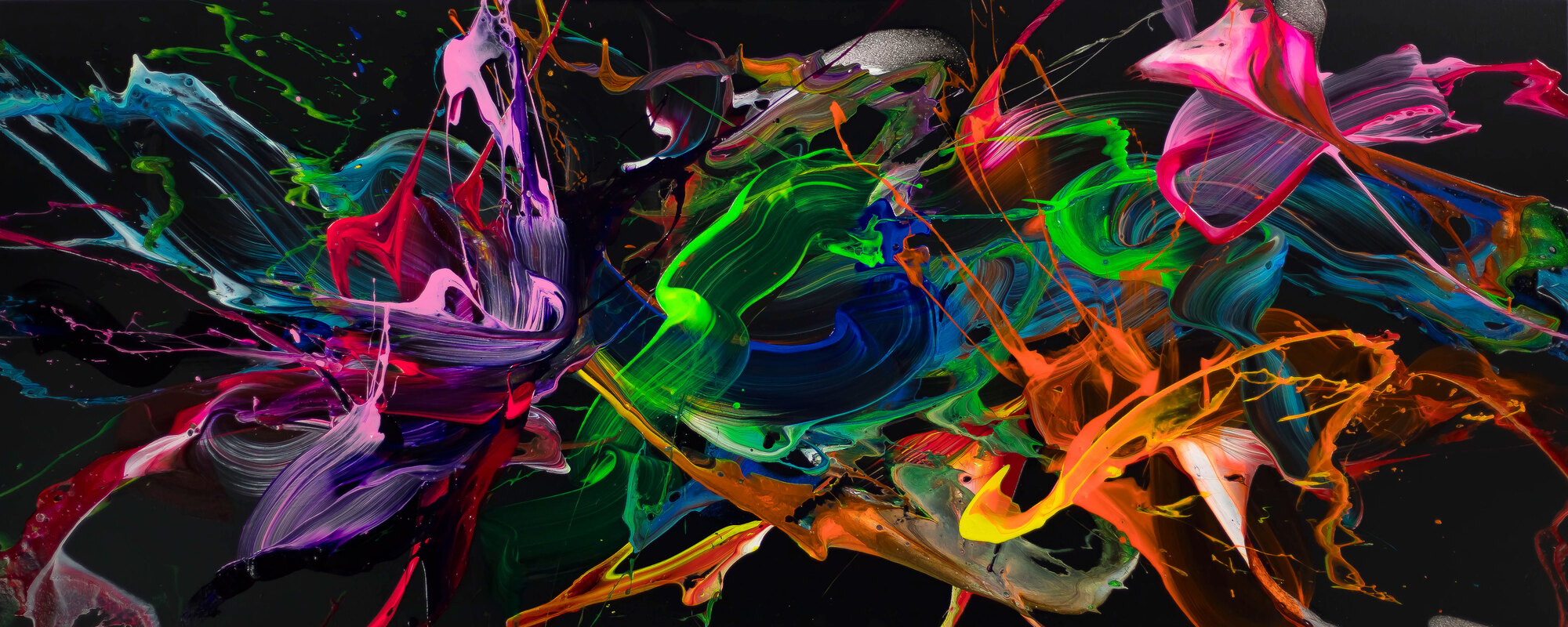 Abstraktes Original-Gemälde 80x200cm Panoramaformat sehr bunt Neon auf Schwarz