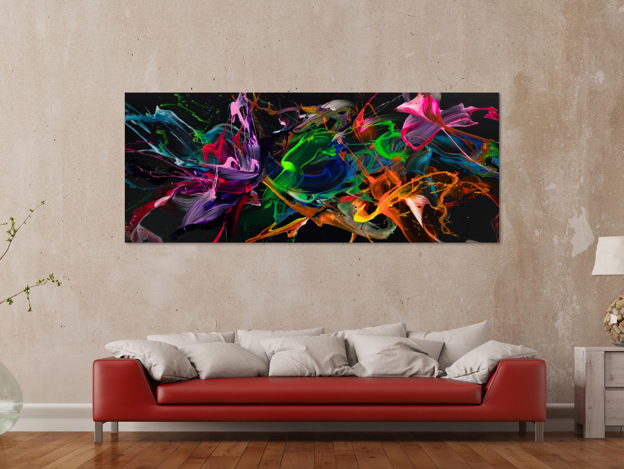 Abstraktes Original-Gemälde 80x200cm Panoramaformat sehr bunt Neon auf Schwarz
