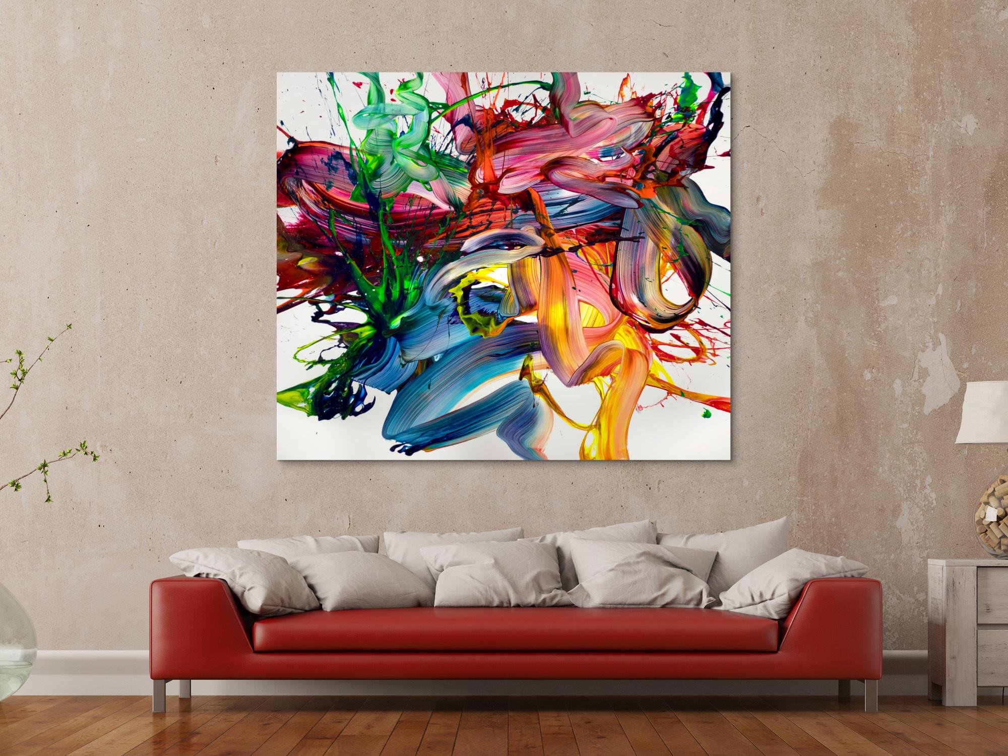 Abstrakte Malerei handgemalt 130x150cm Querformat Weiß Rosa Orange Leinwand