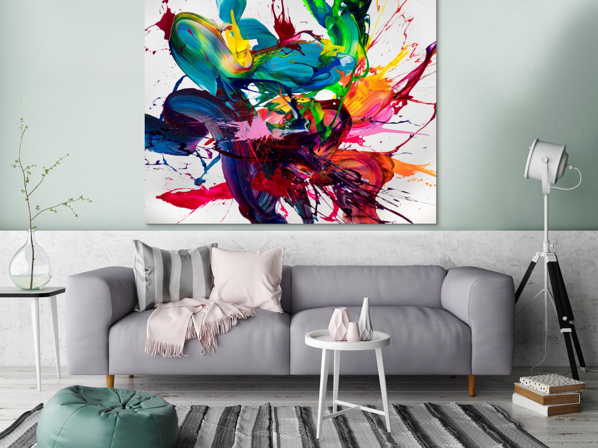 Abstraktes Original-Gemälde 120x150cm Querformat in sehr bunt Türkis Rot auf Weiß