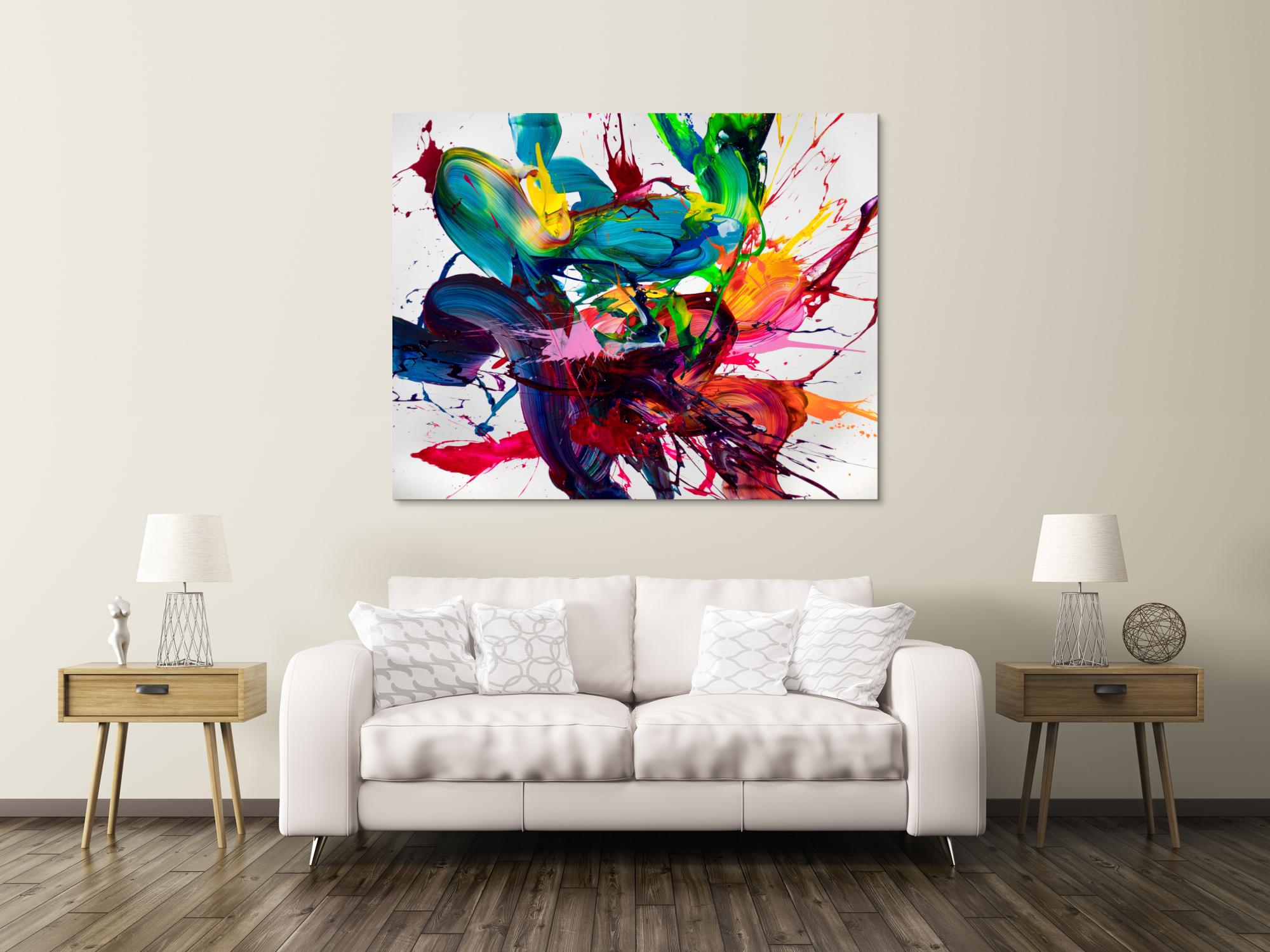 Abstraktes Original-Gemälde 120x150cm Querformat in sehr bunt Türkis Rot auf Weiß