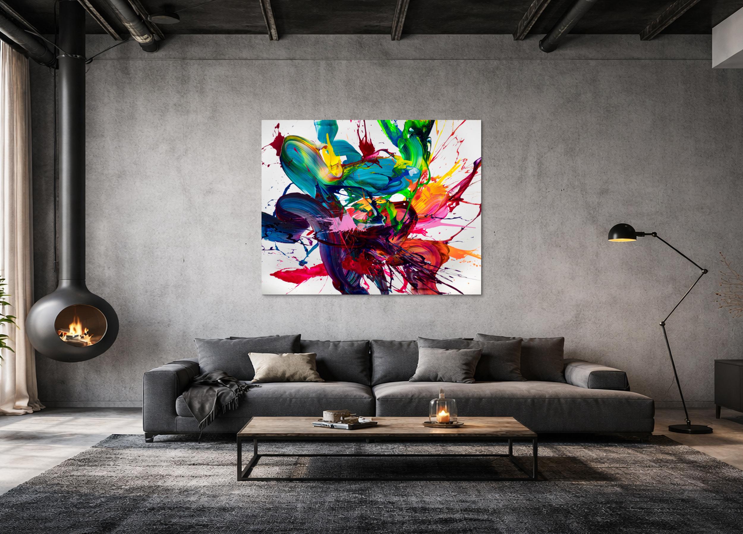 Abstraktes Original-Gemälde 120x150cm Querformat in sehr bunt Türkis Rot auf Weiß