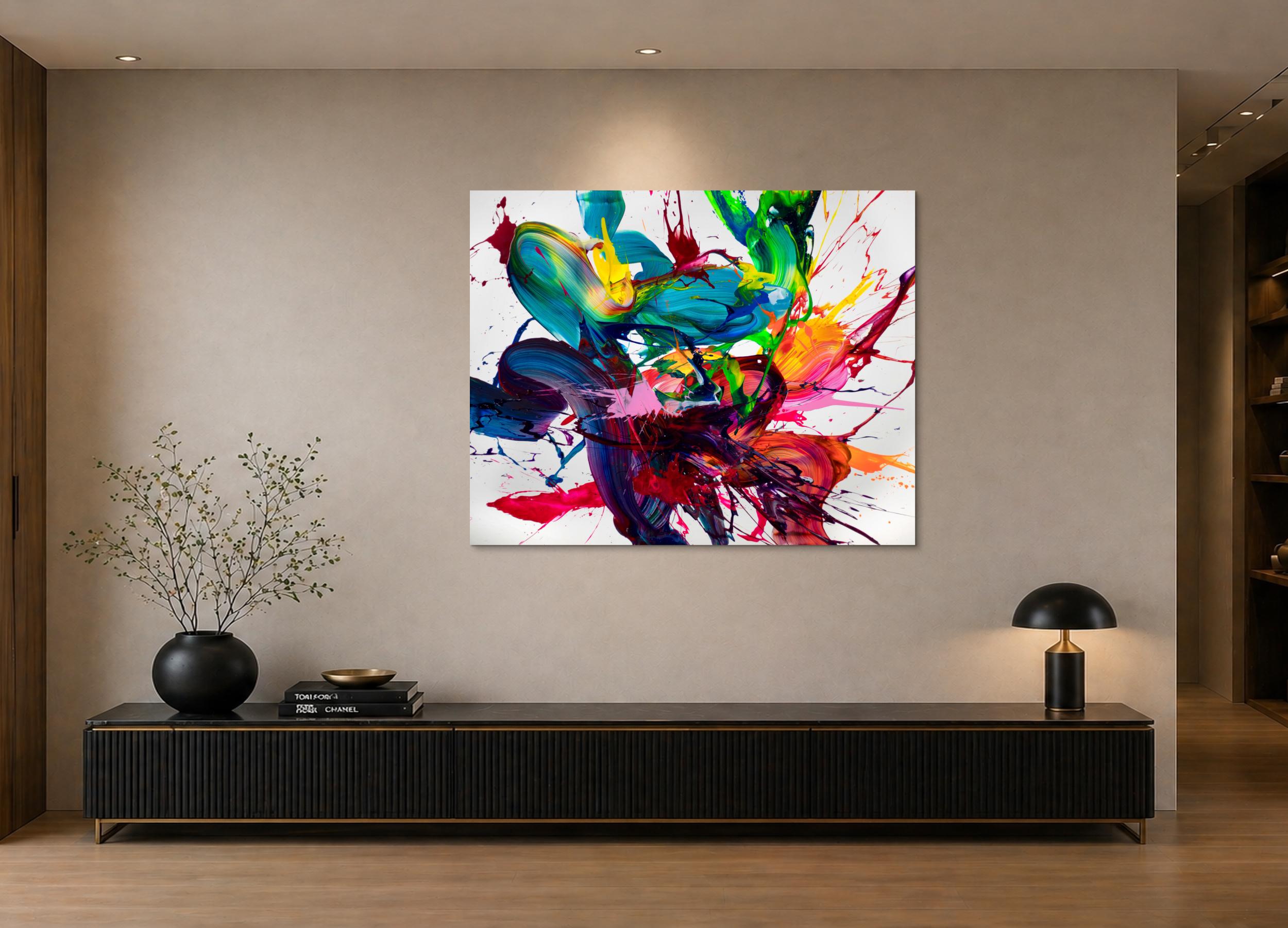 Abstraktes Original-Gemälde 120x150cm Querformat in sehr bunt Türkis Rot auf Weiß