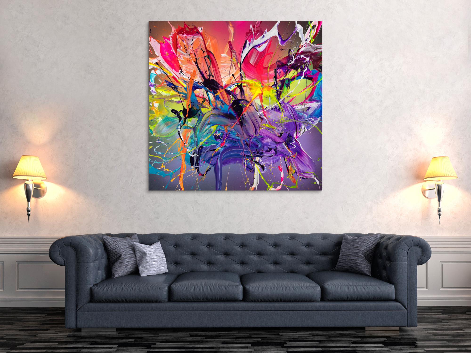 Action Painting Neon Abstraktion Original Leinwand 120x120cm quadratisch sehr bunt Violett Rosa