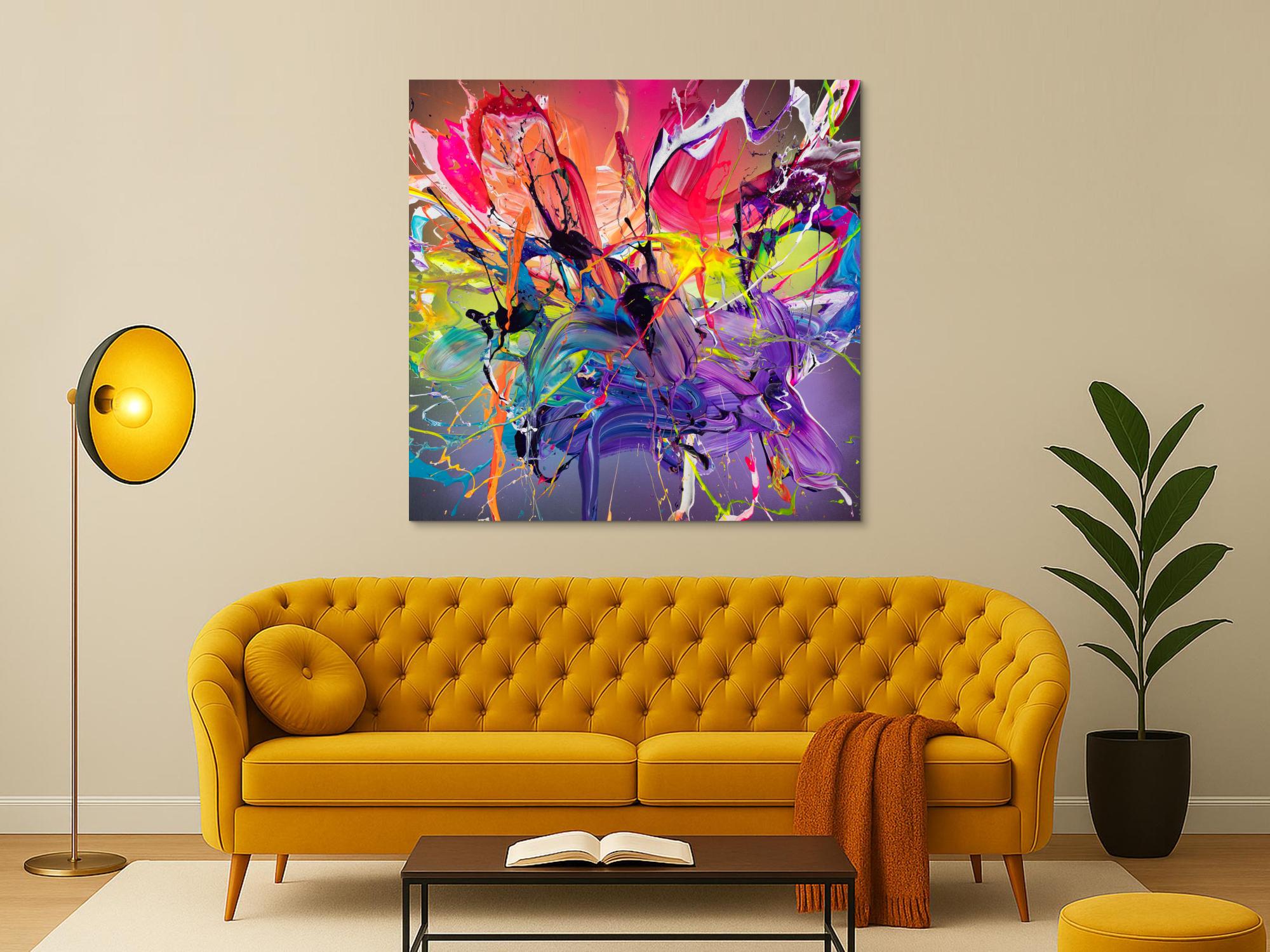 Action Painting Neon Abstraktion Original Leinwand 120x120cm quadratisch sehr bunt Violett Rosa