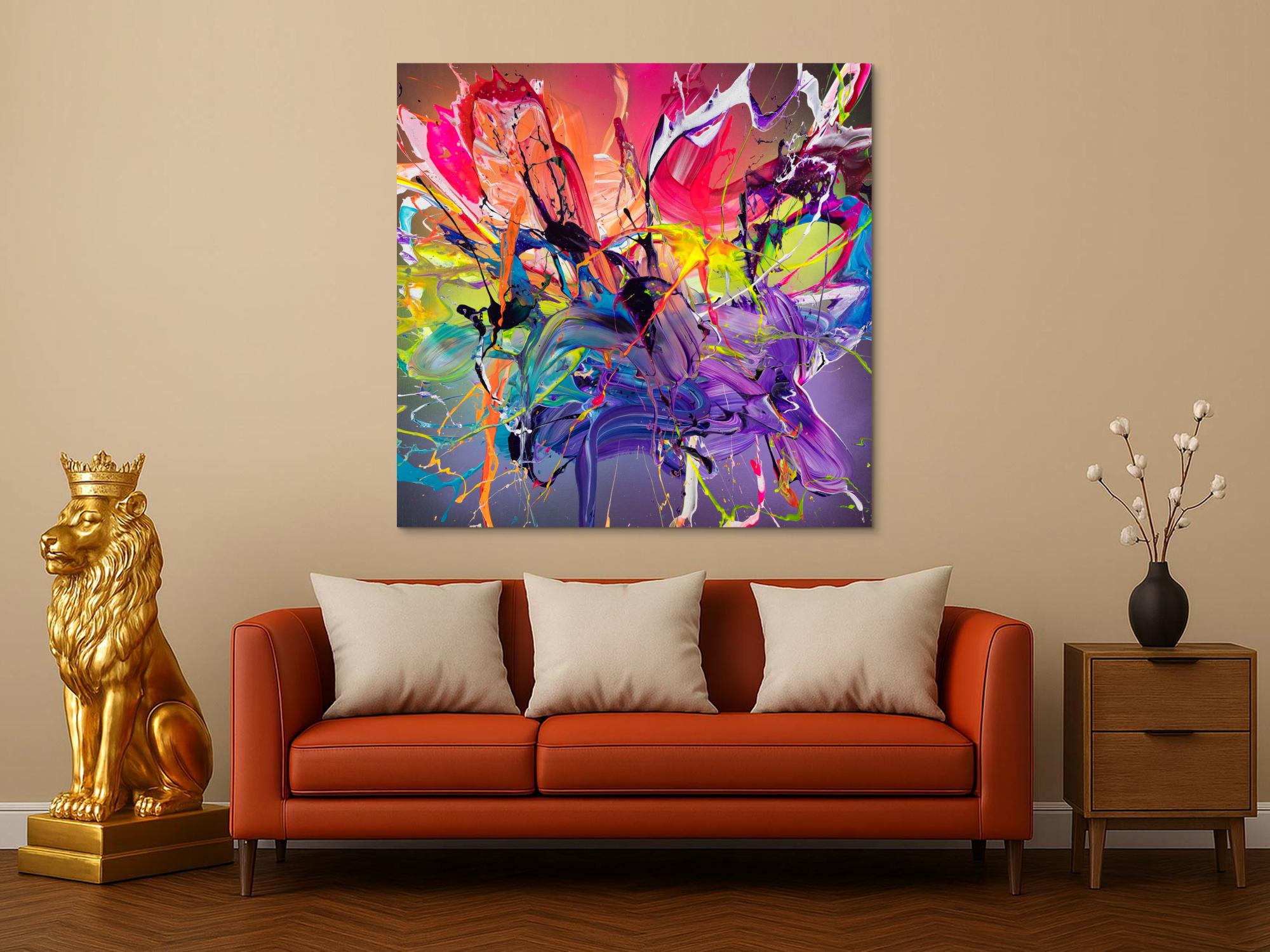 Action Painting Neon Abstraktion Original Leinwand 120x120cm quadratisch sehr bunt Violett Rosa