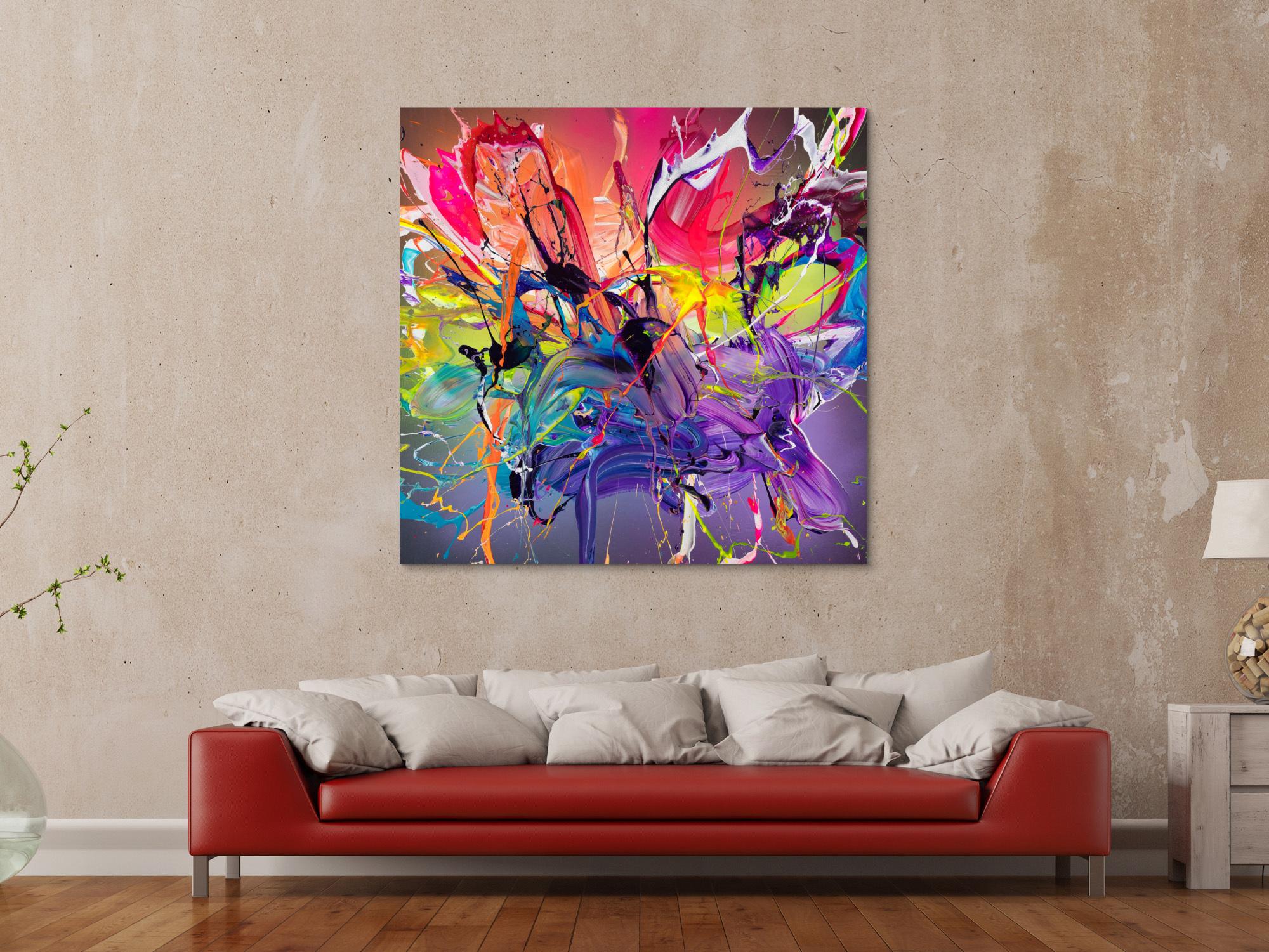 Action Painting Neon Abstraktion Original Leinwand 120x120cm quadratisch sehr bunt Violett Rosa