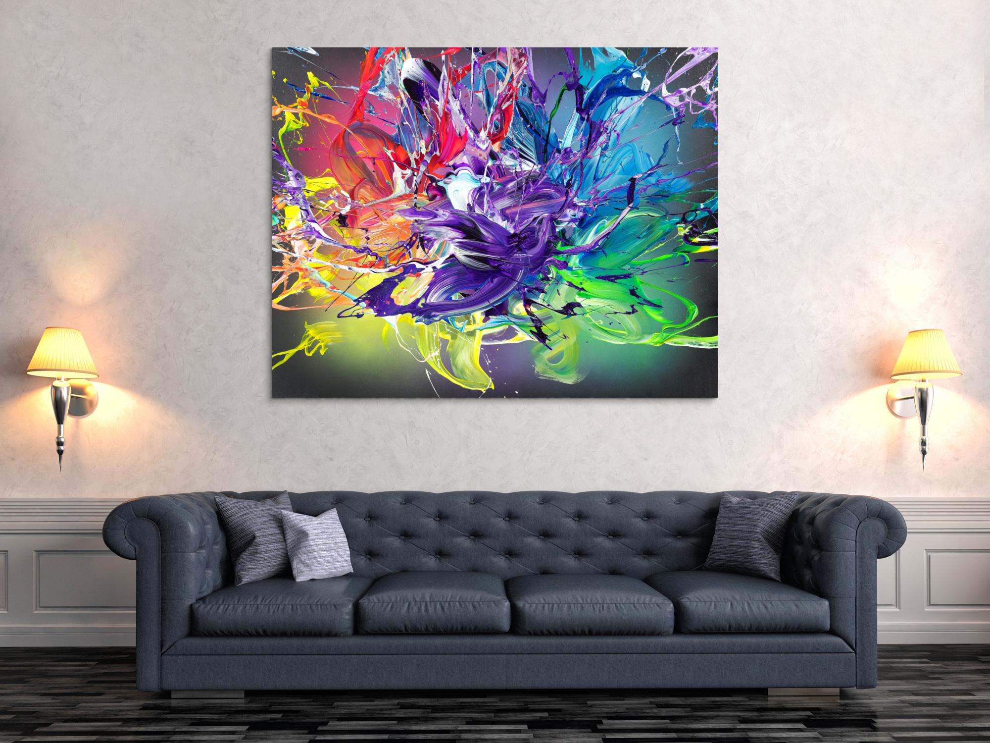 Abstraktes Original-Gemälde Action Painting 120x150cm Querformat in Bunt Türkis und Violett