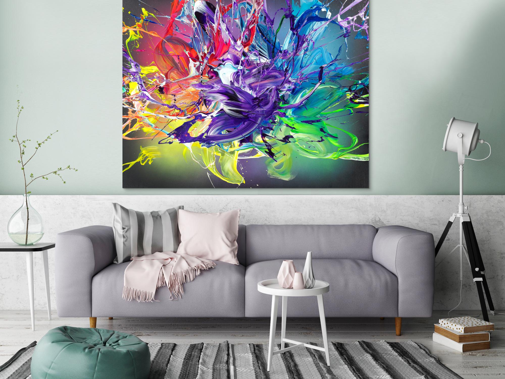 Abstraktes Original-Gemälde Action Painting 120x150cm Querformat in Bunt Türkis und Violett