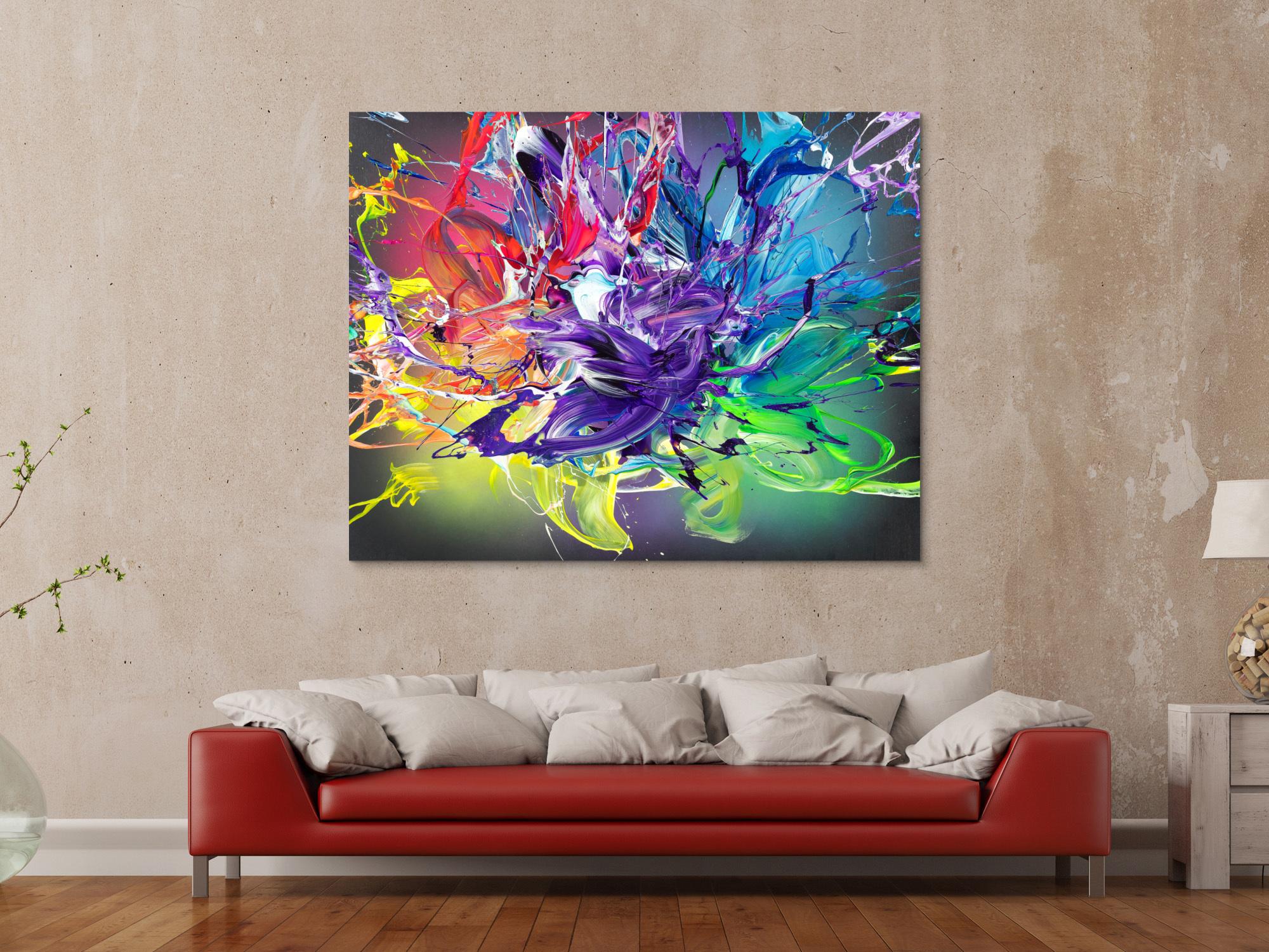 Abstraktes Original-Gemälde Action Painting 120x150cm Querformat in Bunt Türkis und Violett
