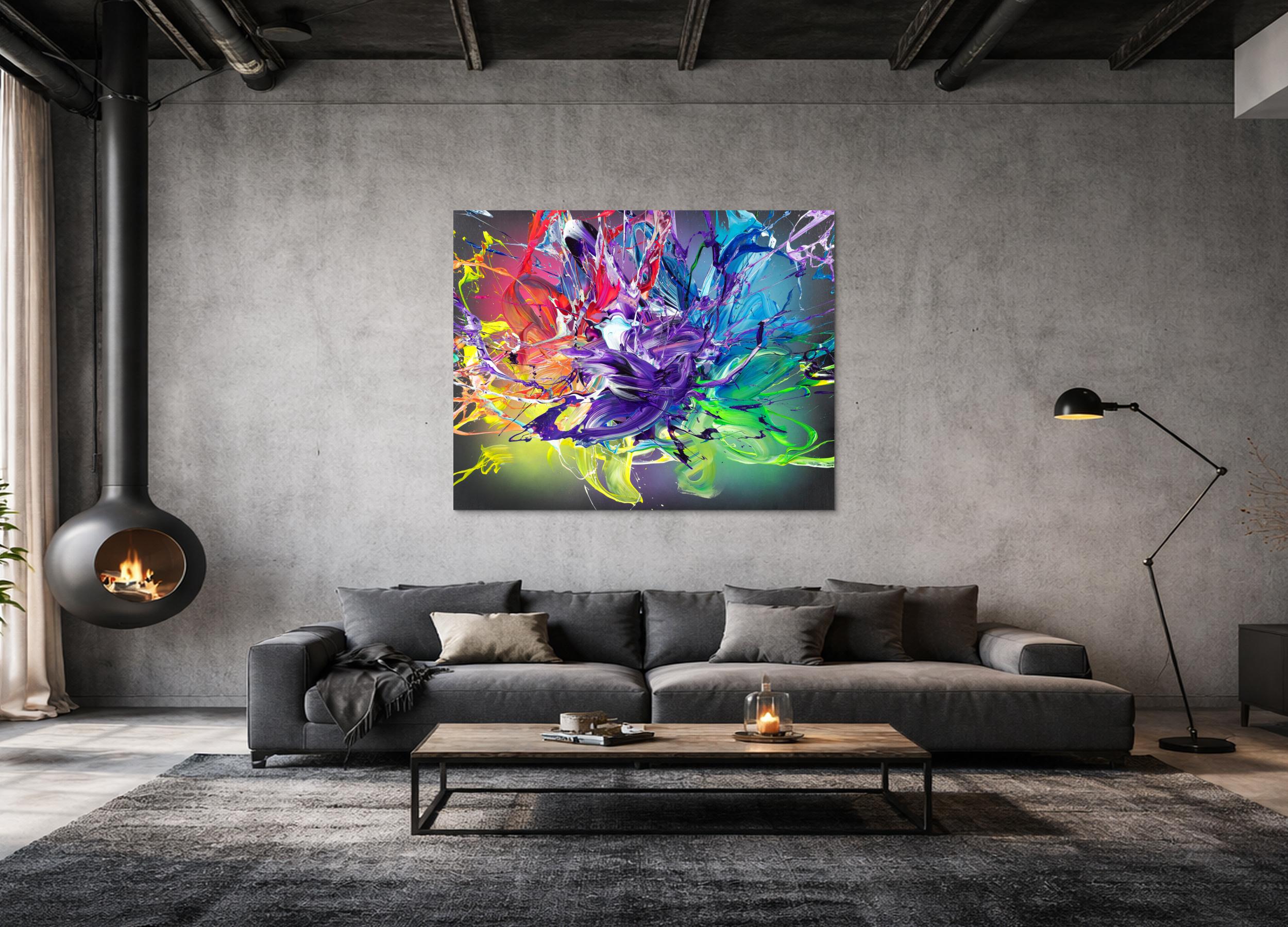 Abstraktes Original-Gemälde Action Painting 120x150cm Querformat in Bunt Türkis und Violett