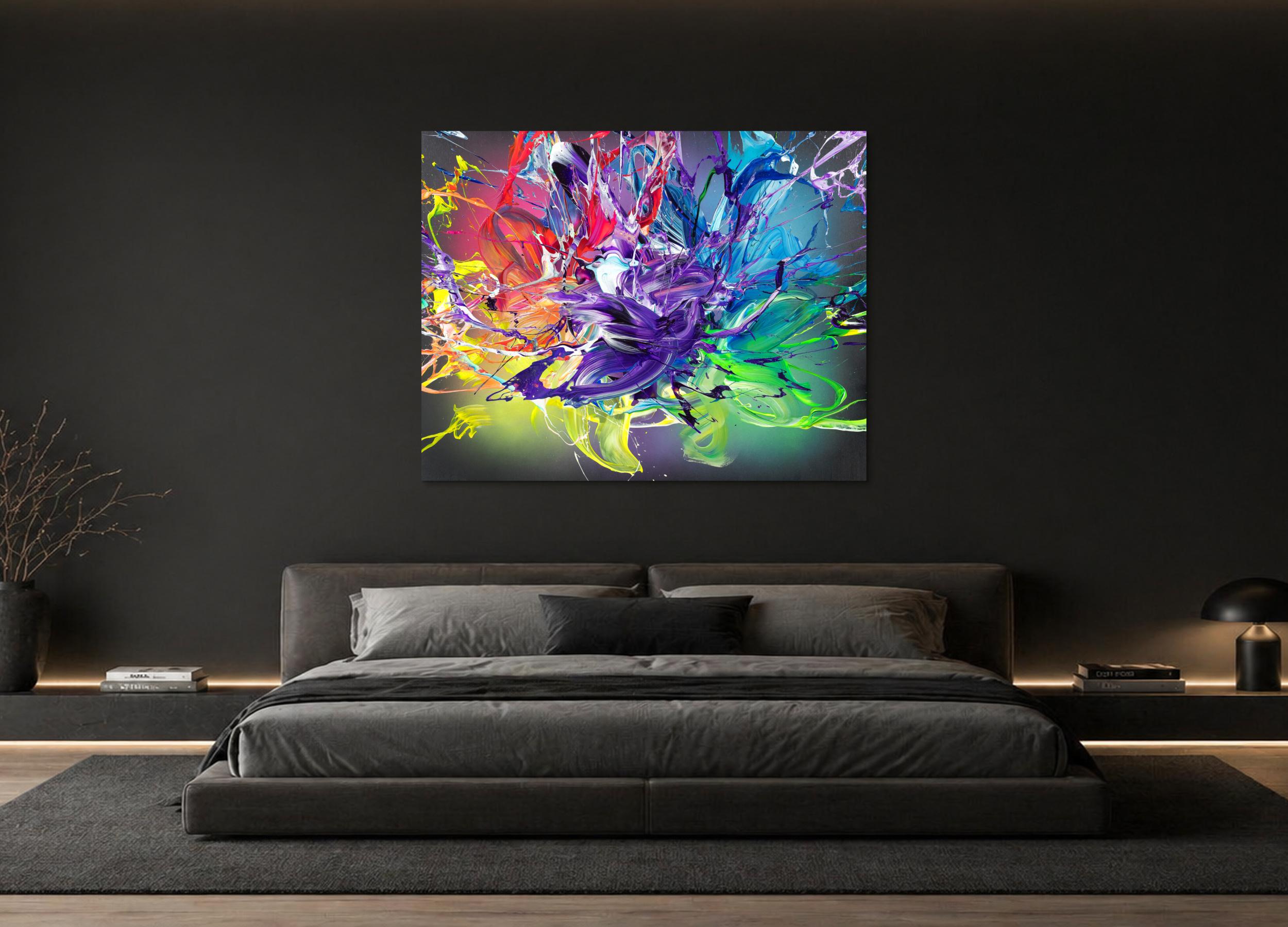 Abstraktes Original-Gemälde Action Painting 120x150cm Querformat in Bunt Türkis und Violett