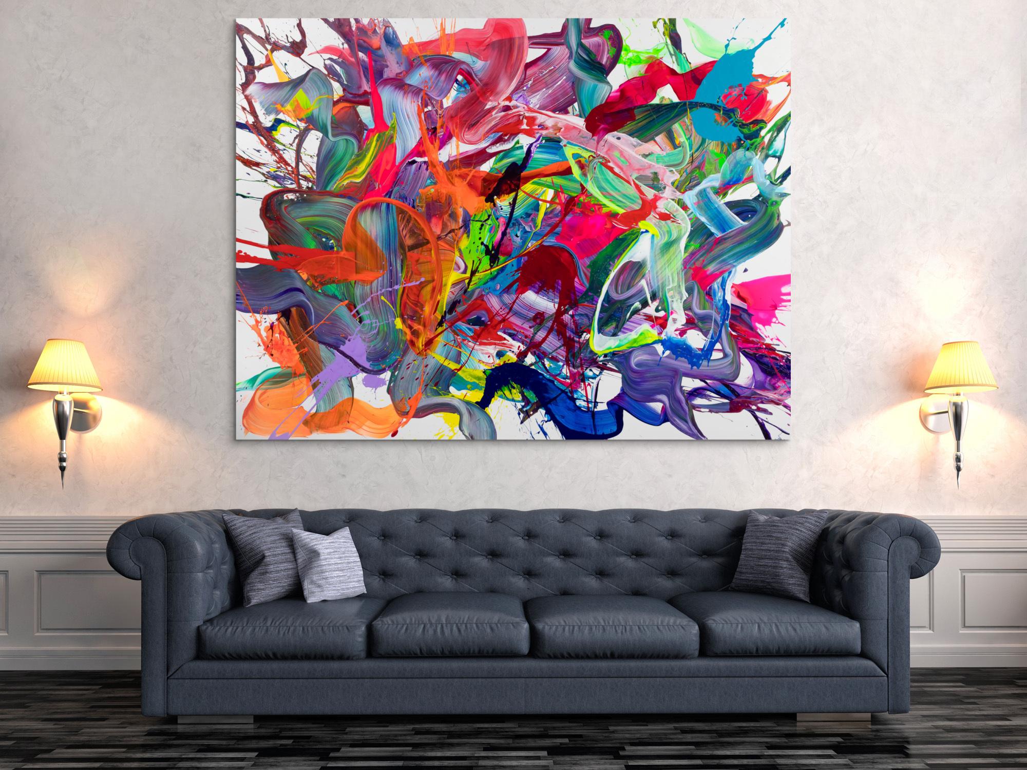 Abstraktes Original-Gemälde 140x180cm Querformat bunte Farben Neon mit Türkis Orange und Rosa